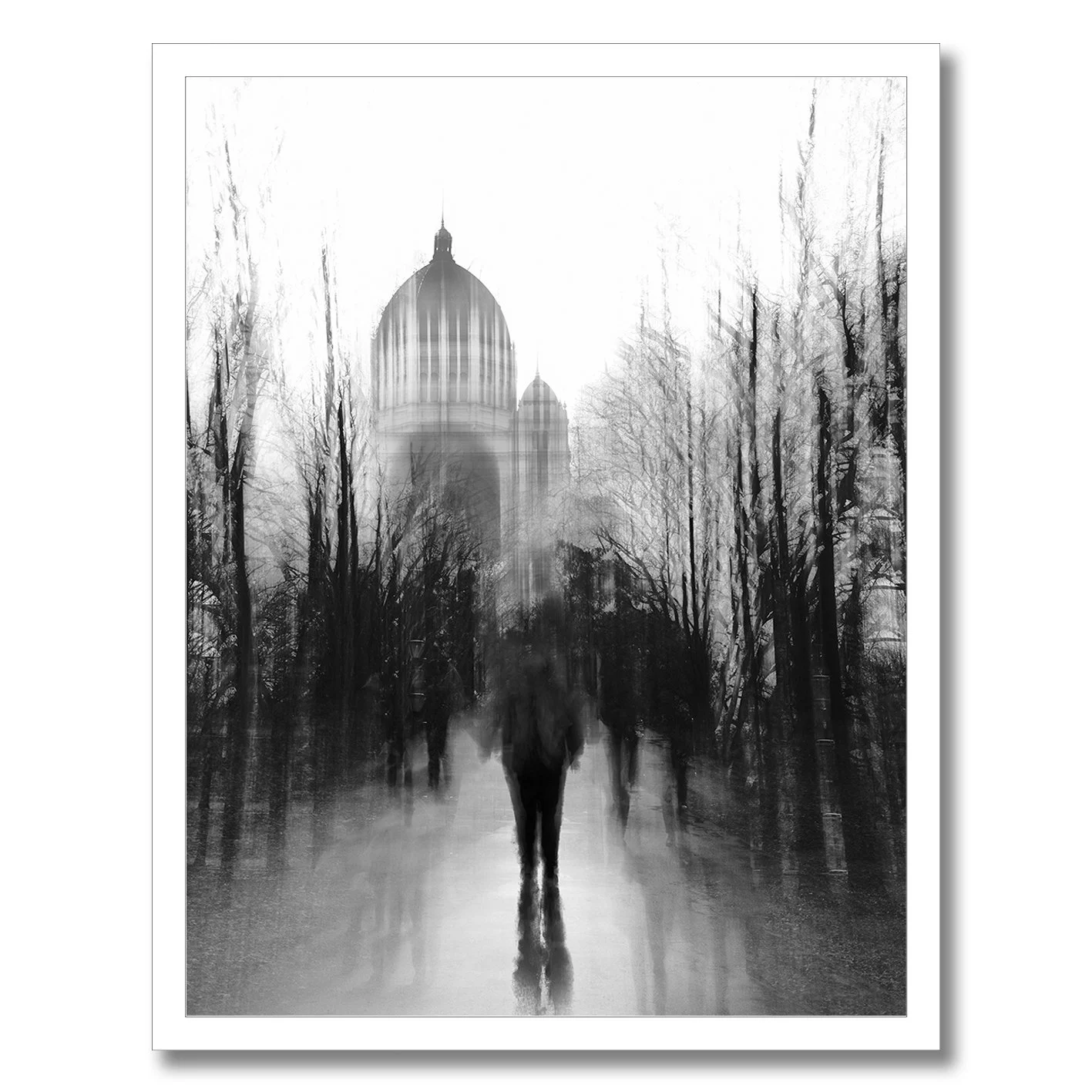 black and white abstract city park photograph with domed building
