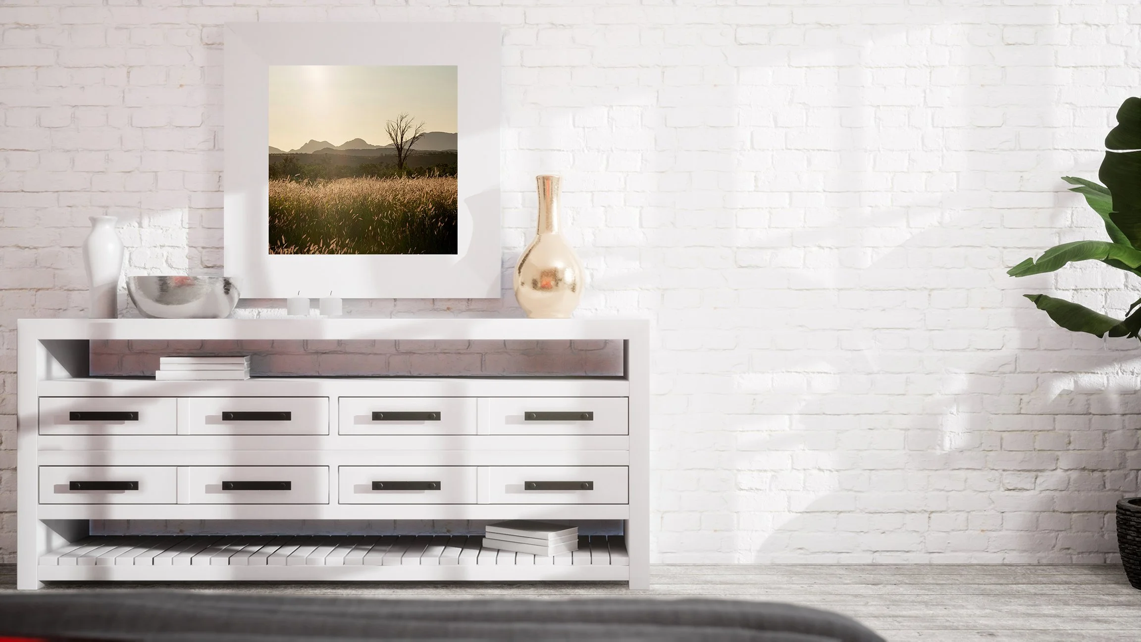 Golden hour photograph of Australian outback grass plains and lone tree with mountains in background