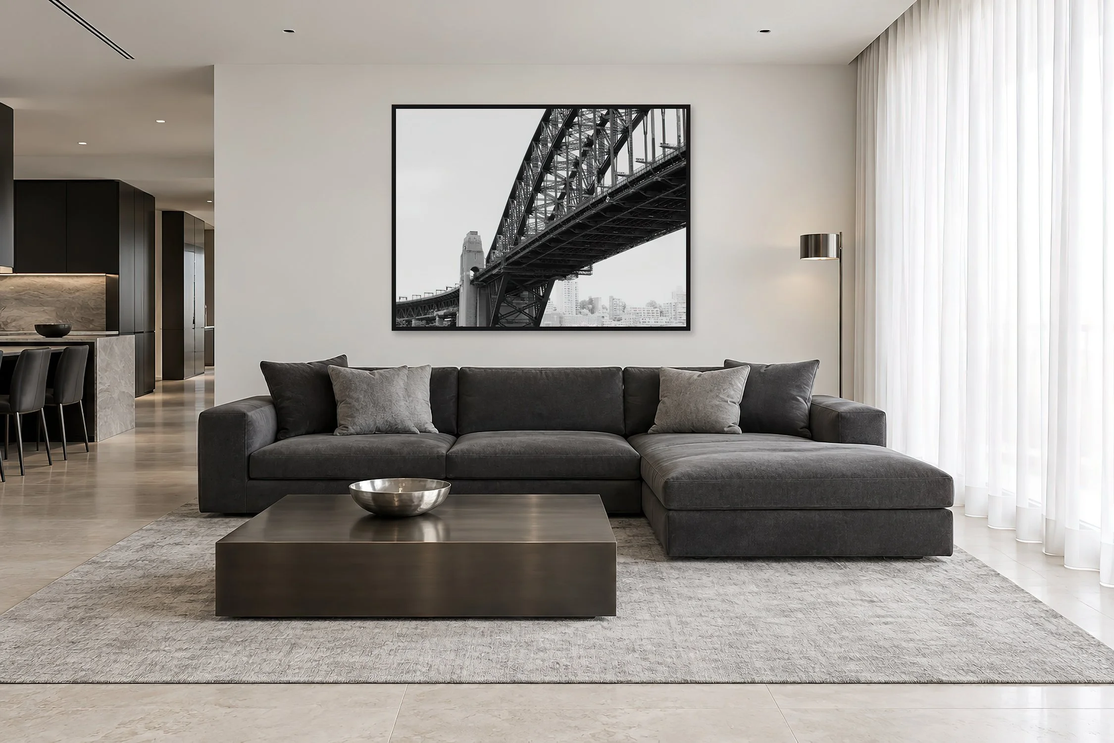 Sydney Harbour Bridge framed fine art photography print by Nick Psomiadis in a penthouse lounge with sheer curtains, NIKART.