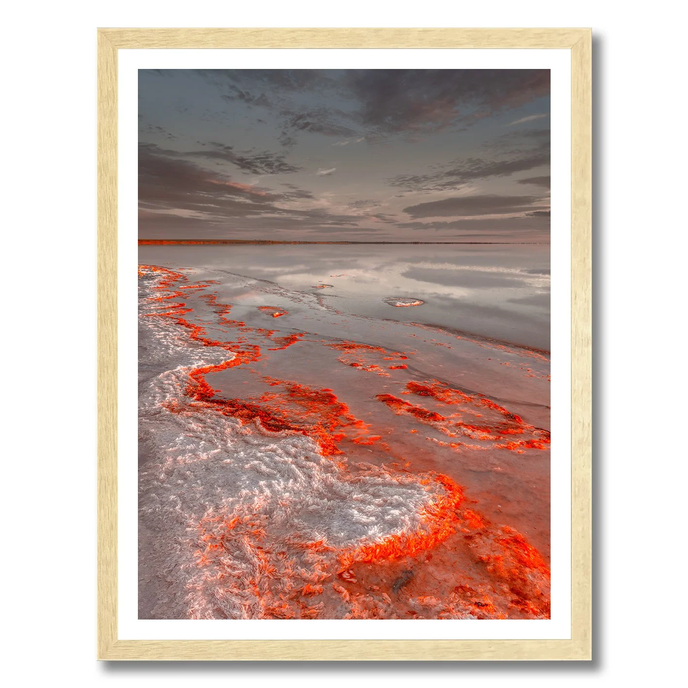 Salt formations glowing red along the reflective shoreline of Lake Tyrrell