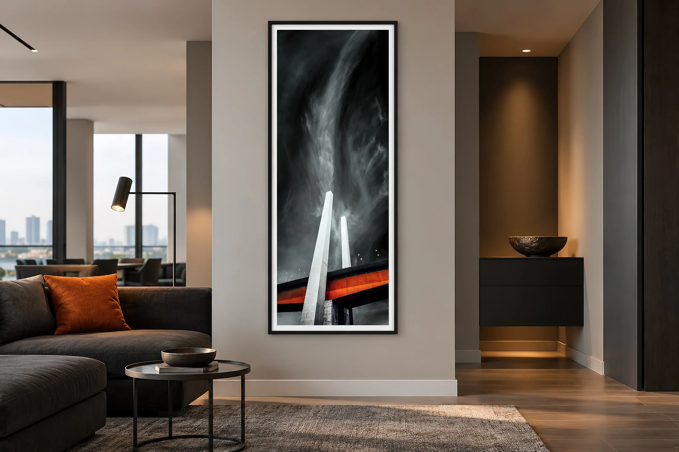 Bolte Bridge Melbourne fine art photography print in a black frame with white mat in a modern lounge.