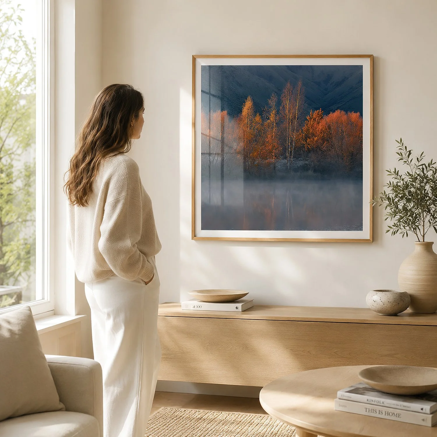 Bright modern living room with a woman viewing a square framed autumn landscape photograph with glass reflections by Nick Psomiadis at NIKART Studio and Gallery