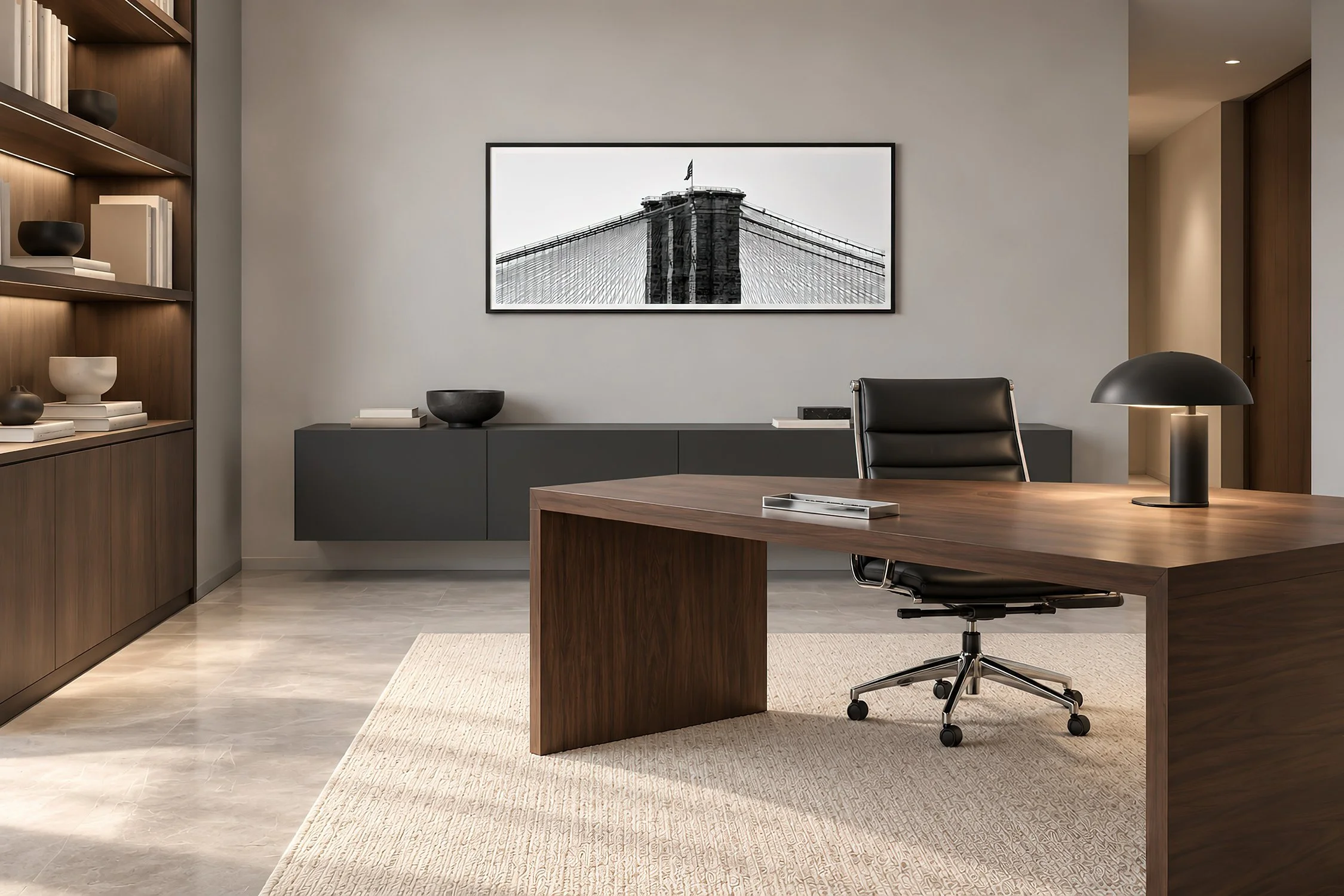Bridge black and white photography print by Nick Psomiadis, black framed in a walnut study, NIKART.