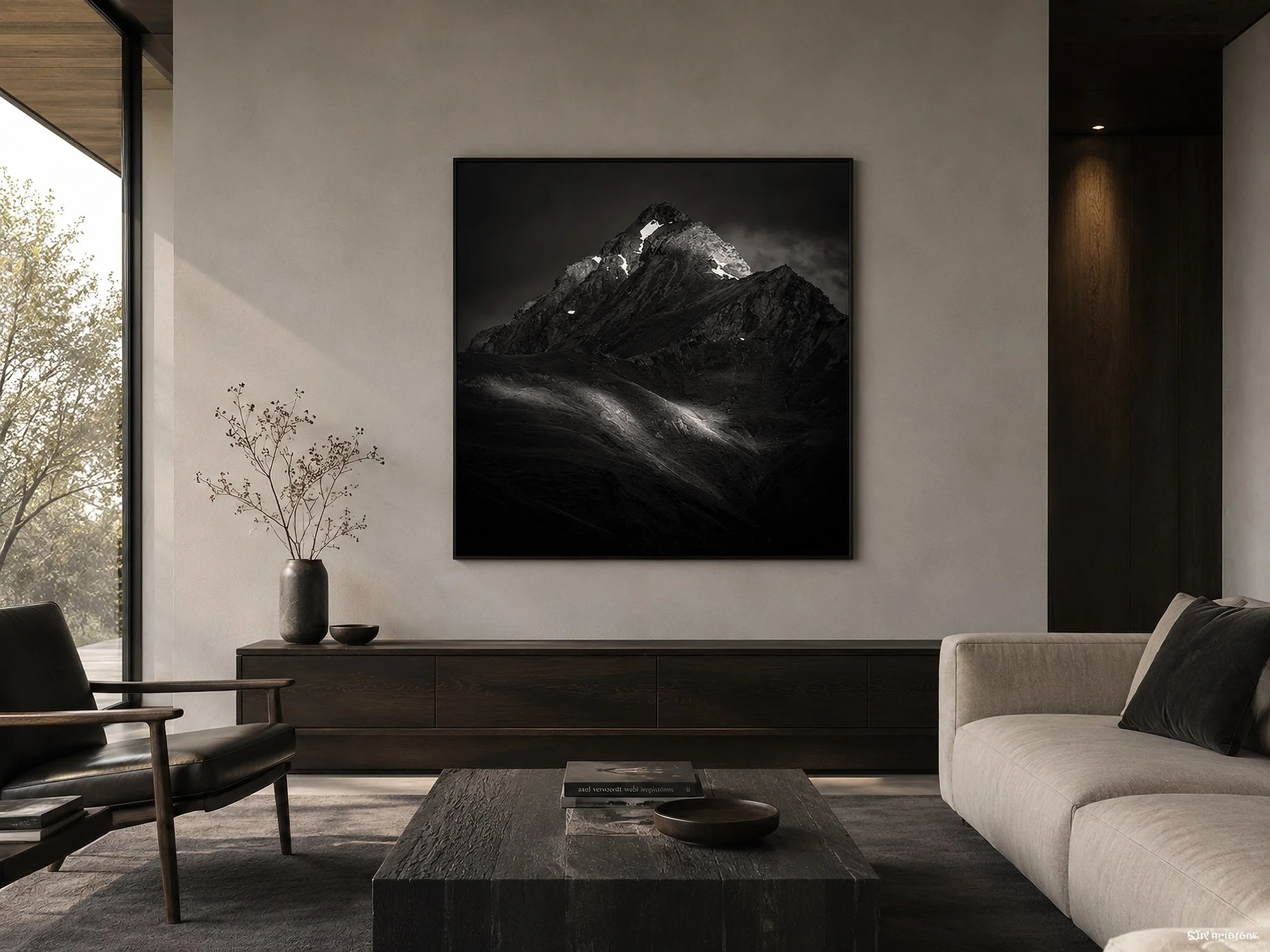 Square dark mountain photograph in a slim black frame, displayed above a timber console in a sunlit contemporary living room with neutral seating and minimalist décor by Nick Psomiadis at NIKART Studio and Gallery