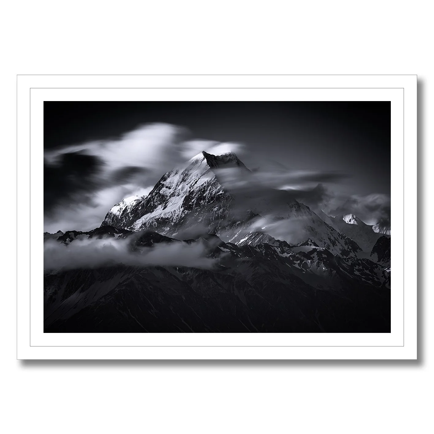 Black and white mountain photograph of Aoraki Mount Cook in the Southern Alps