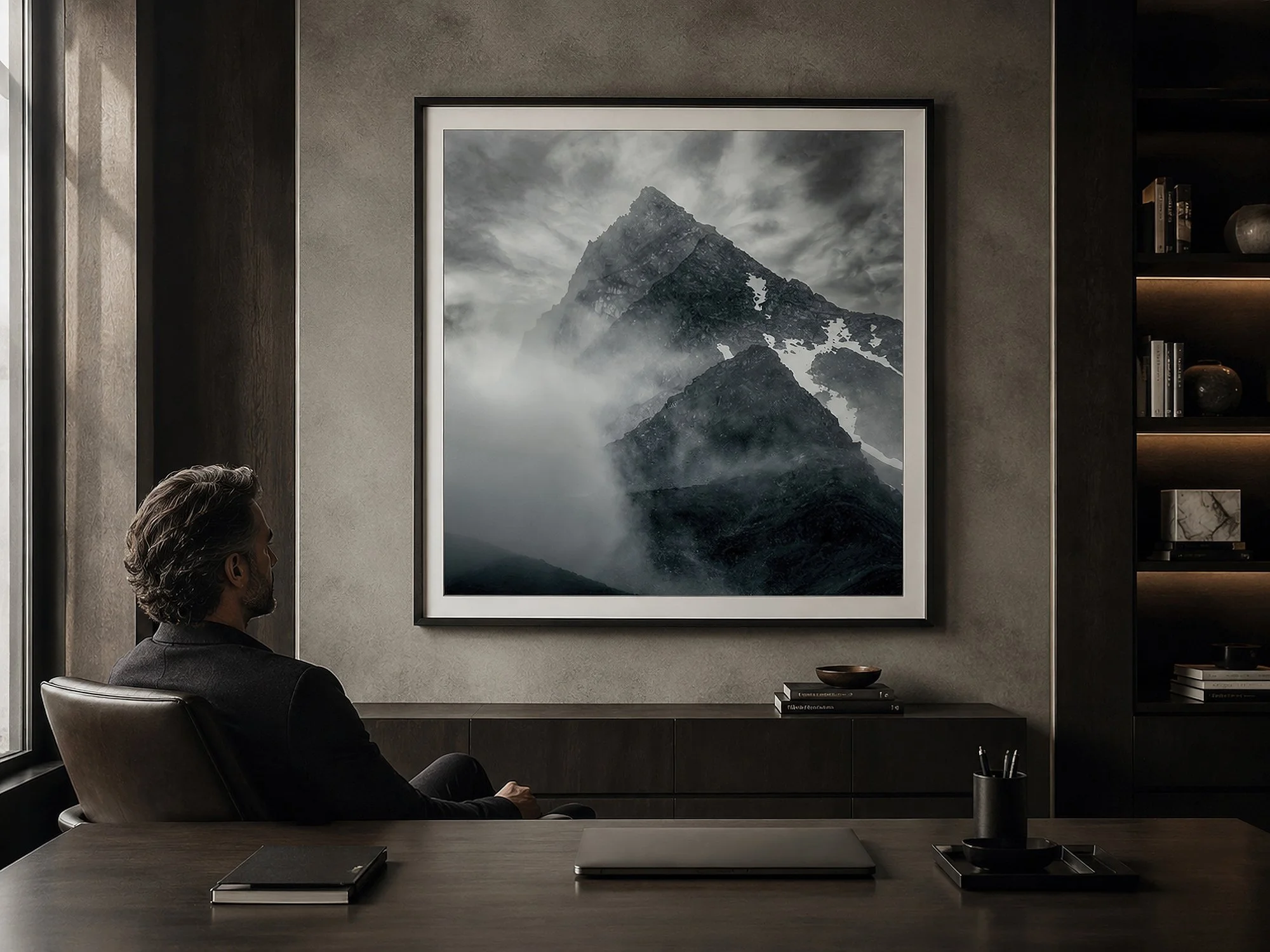 Square framed mountain photograph with white mat and dark frame in a minimalist masculine study, featuring a seated man, dark timber desk, built-in shelving and moody neutral tones by Nick Psomiadis at NIKART Studio and Gallery