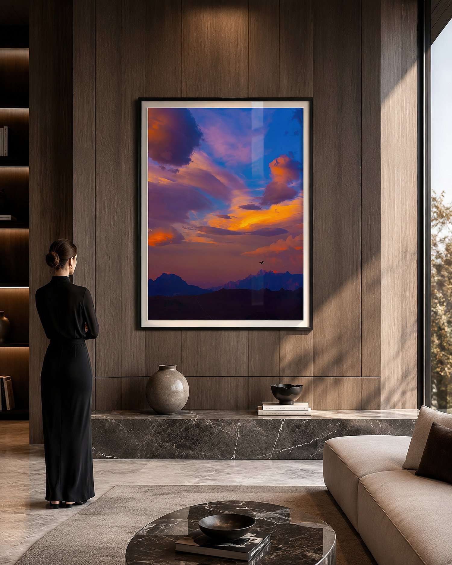 Woman viewing a glass-framed sunset mountain photograph with an ivory mat in a luxury interior by Nick Psomiadis at NIKART Studio and Gallery