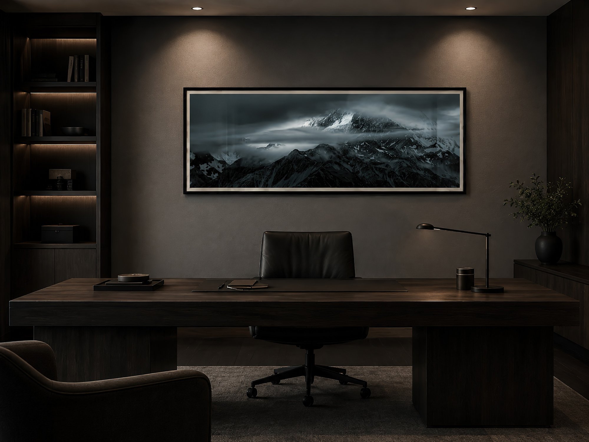 A black and white panoramic view of New Zealand's Southern Alps, framed in black is offered by Nick Psomiadis, fine art photographer at NIKART.