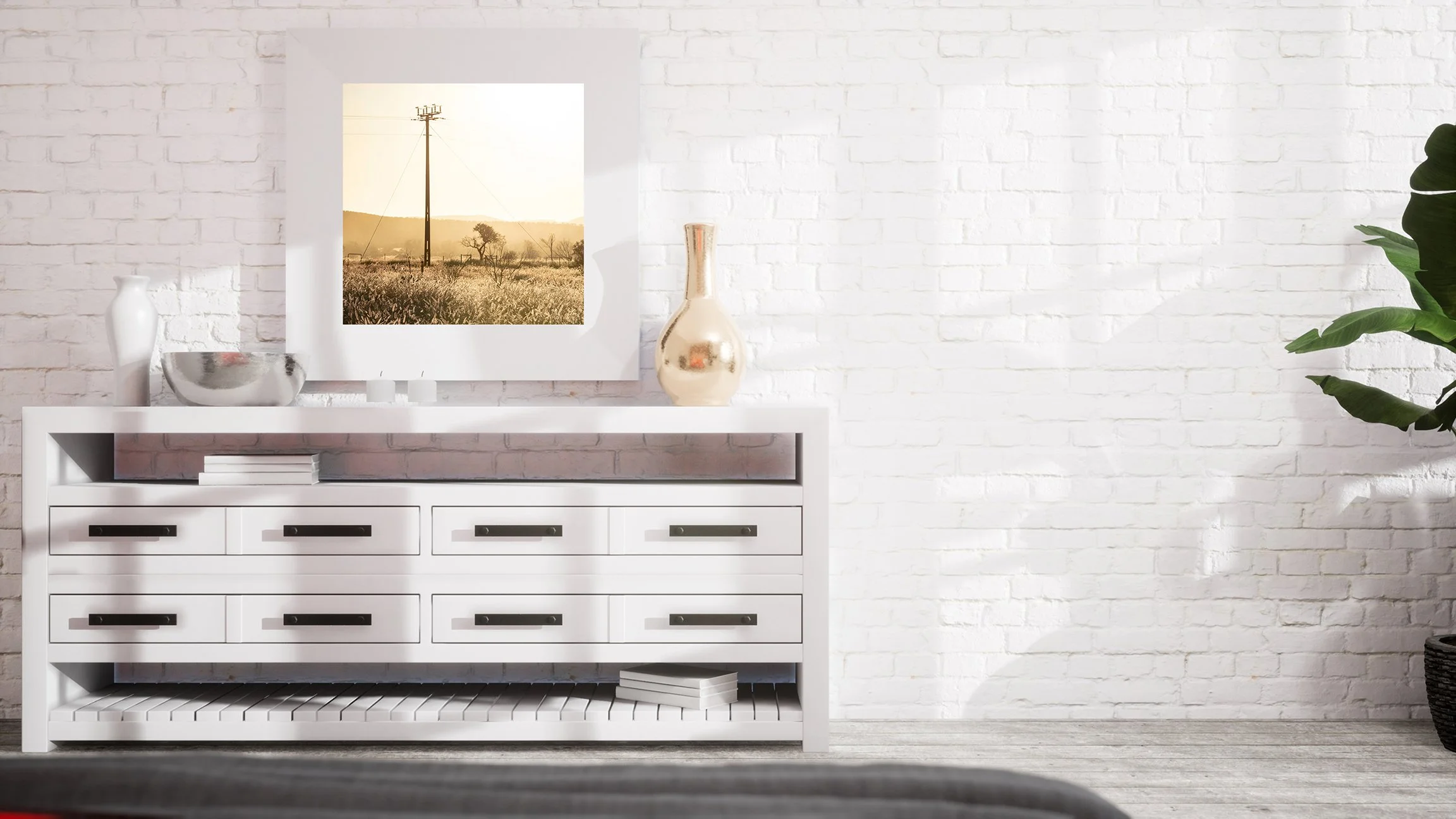 Golden photograph of Australian outback grass plains with telegraph pole and trees