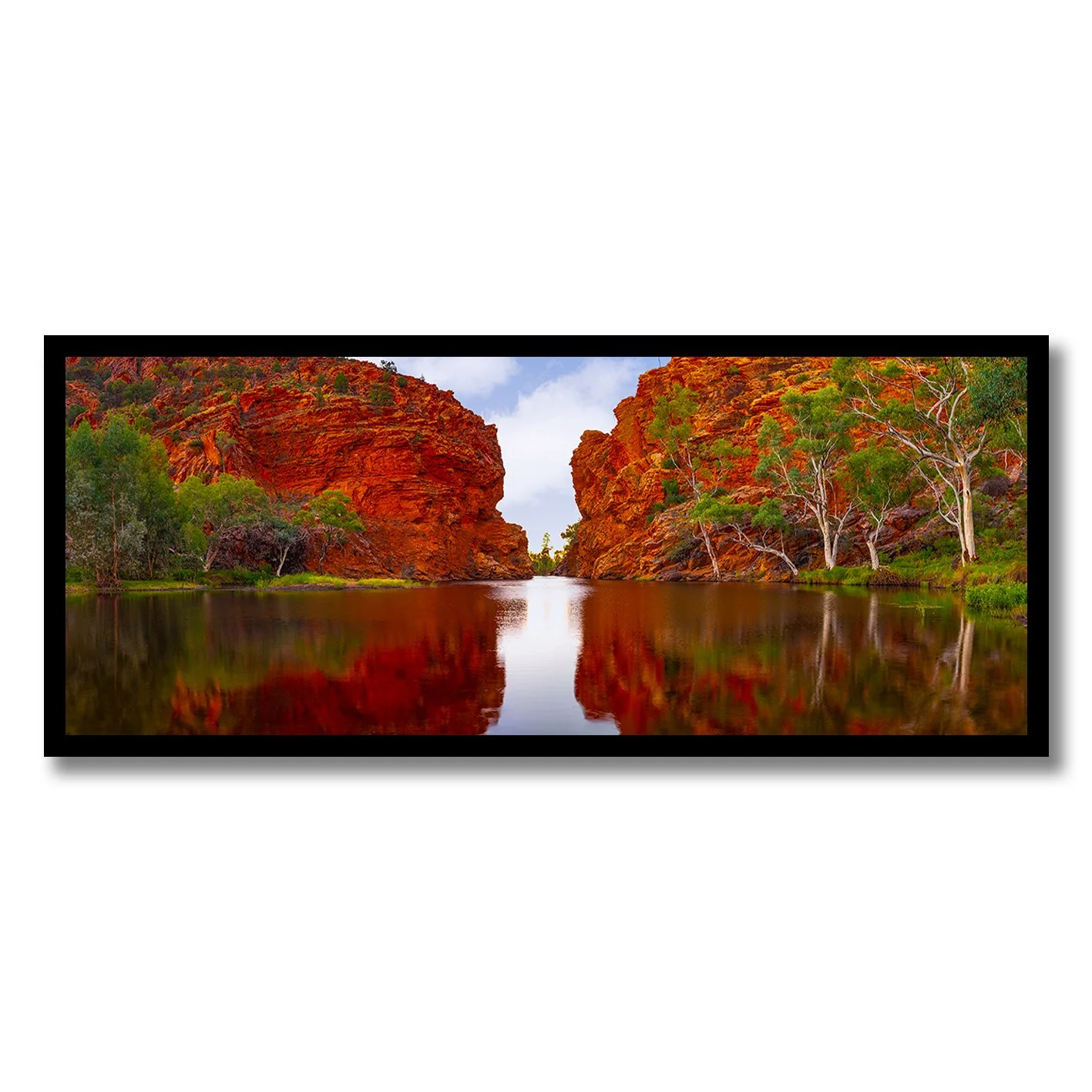 fine art photograph of ellery creek big hole nt with red cliffs and still reflections