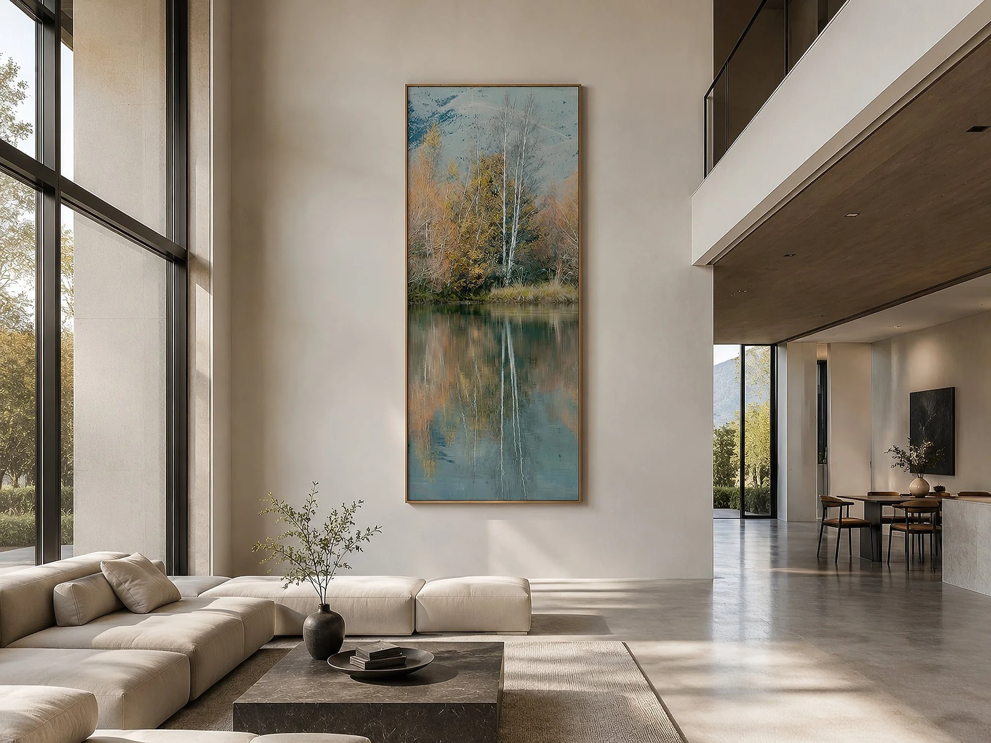 Tall framed autumn landscape photograph with golden trees, pale trunks and mirrored blue water in a sunlit minimalist double-height living room, by Nick Psomiadis at NIKART Studio and Gallery