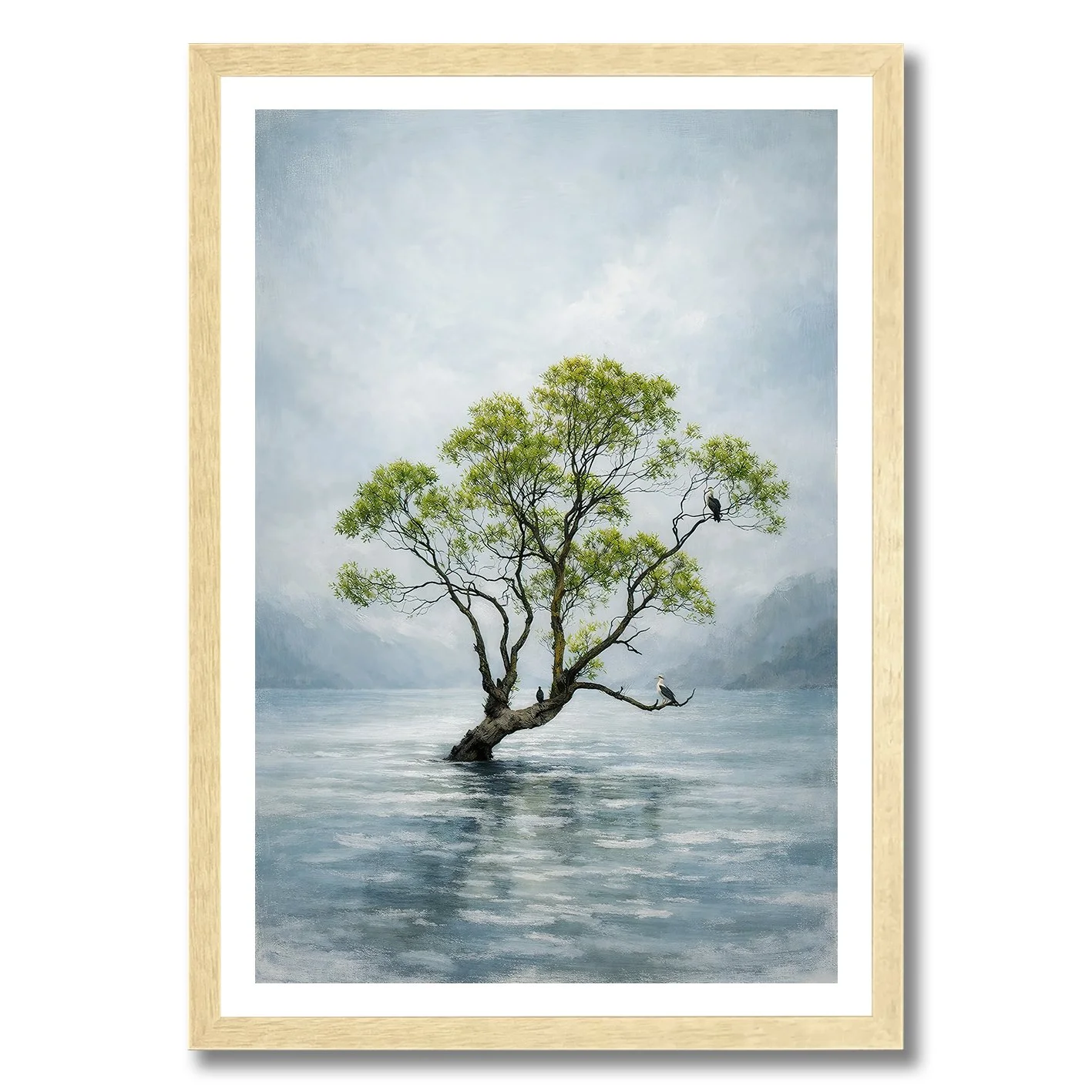 Photograph of the Wanaka Tree in water with a soft painterly effect and misty background