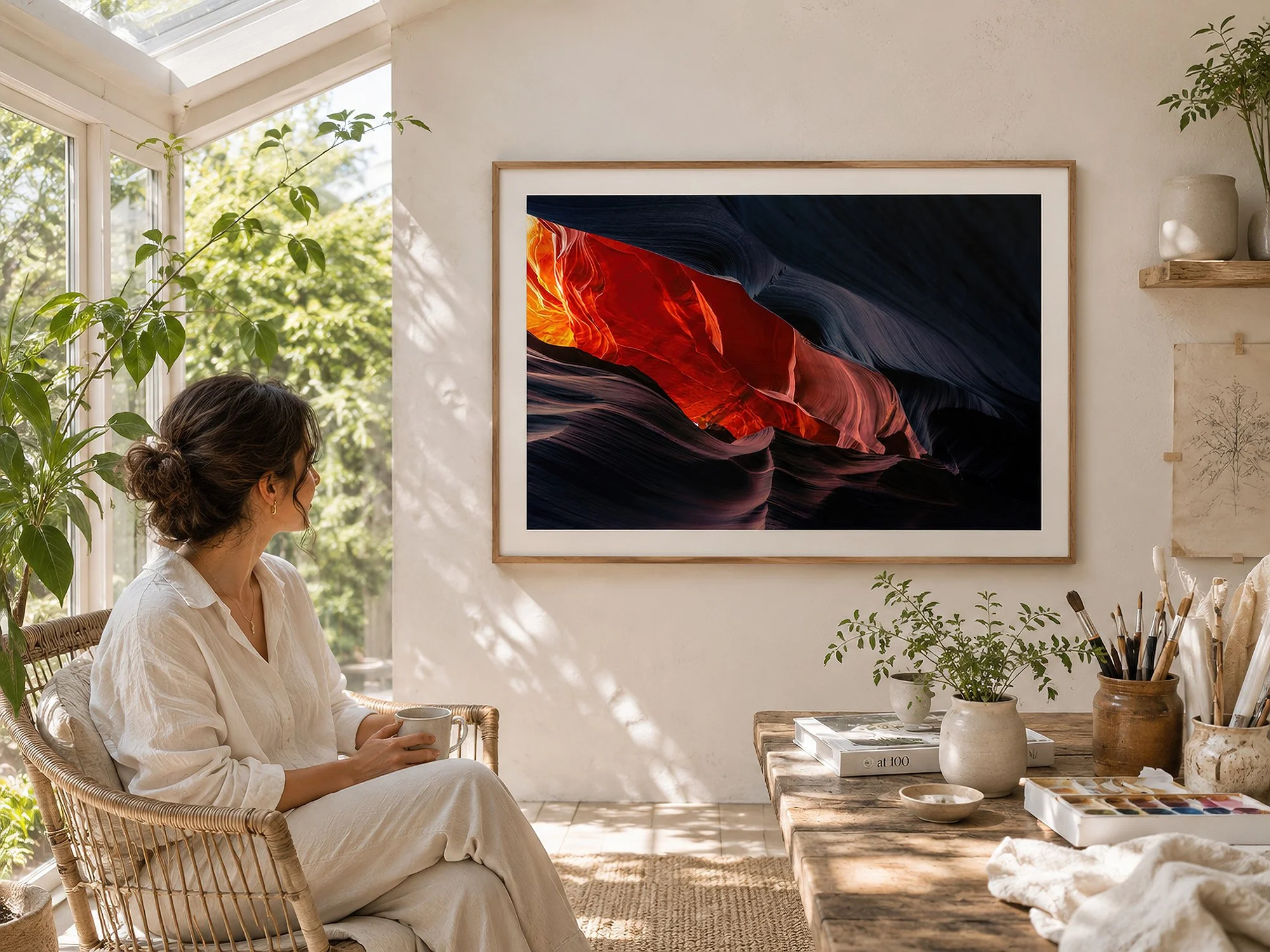 Framed Antelope Canyon photograph displayed in a bright artist’s studio with a seated woman holding a cup.
