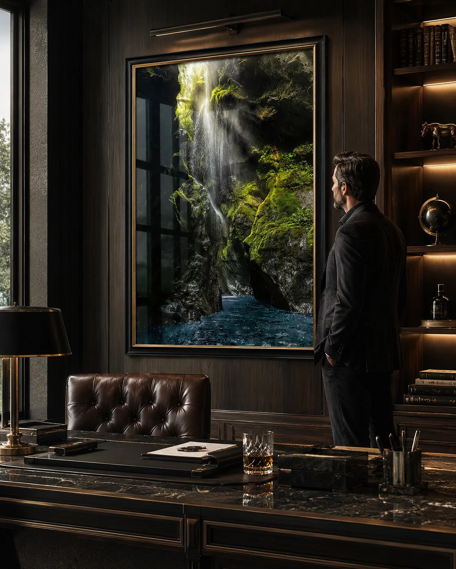 Executive office with a man beside a framed waterfall gorge photograph featuring subtle glass reflections, by Nick Psomiadis at NIKART Studio and Gallery.