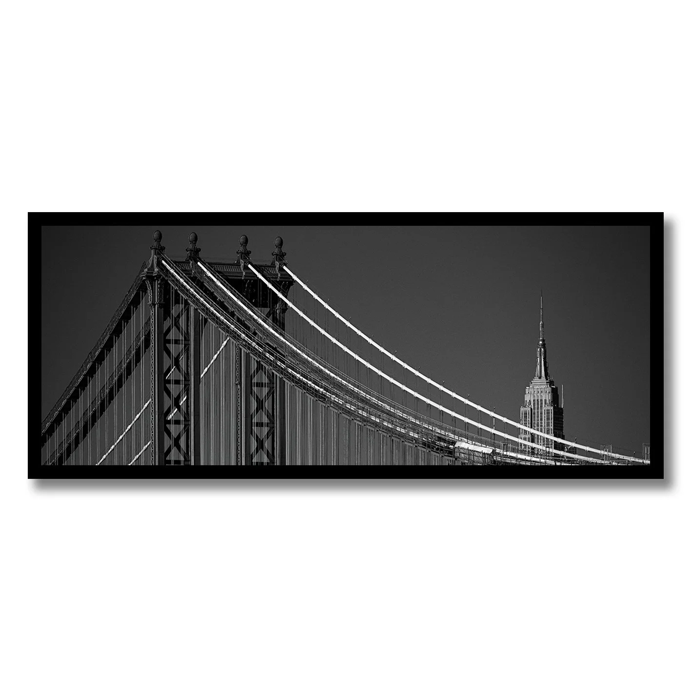 Black and white panoramic photograph of Manhattan Bridge and Empire State Building