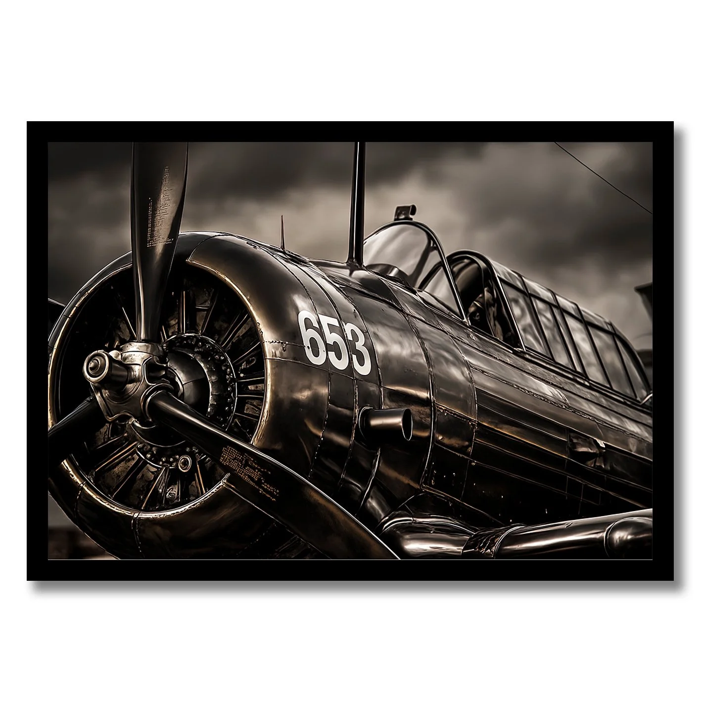 close-up metallic photograph of aircraft engine and fuselage with high contrast finish