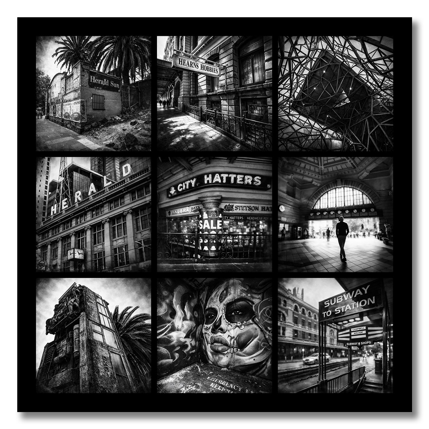 Black and white photograph collage of Flinders Street Melbourne architecture