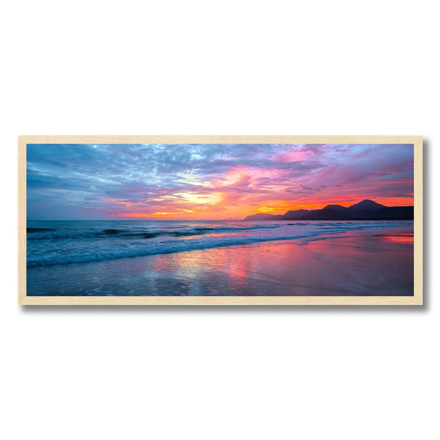 fine art photography of sunrise over four mile beach port douglas with reflections on wet sand