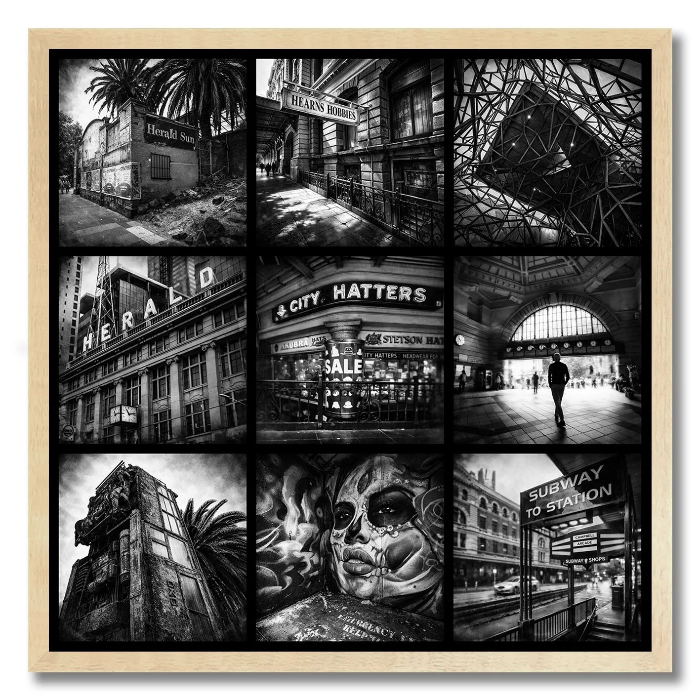 Black and white photograph collage of Flinders Street Melbourne architecture