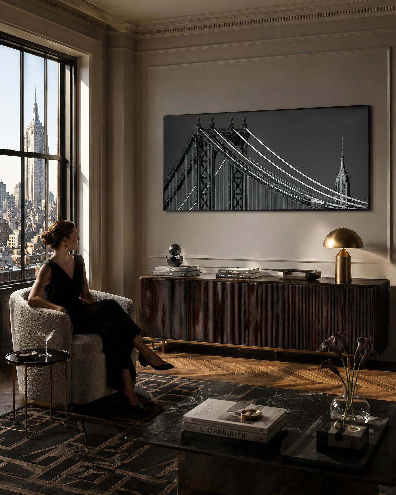 Elegant New York interior with framed New York Steel photograph and seated woman.