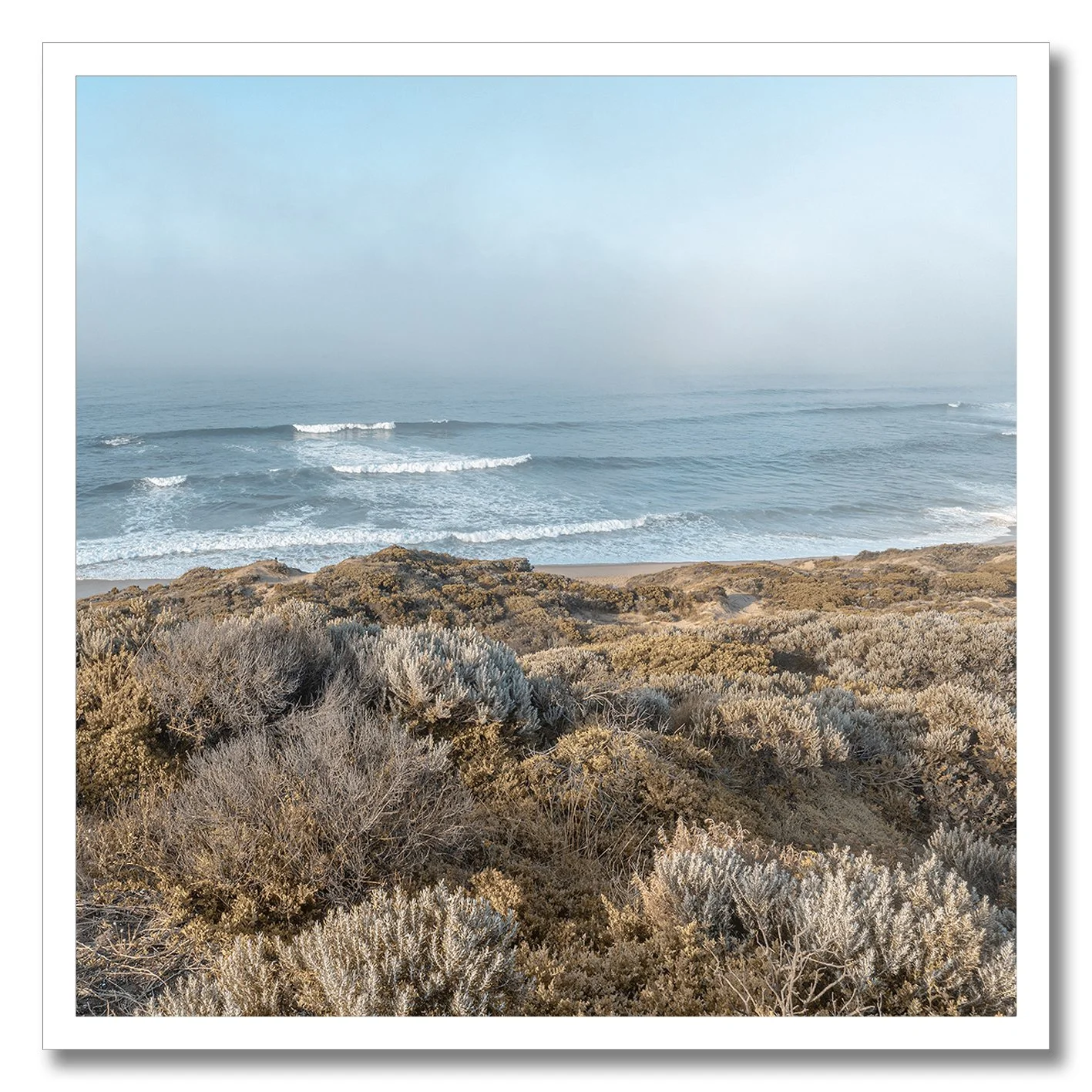 Fine art photograph of misty coastal dunes and waves at Sorrento beach
