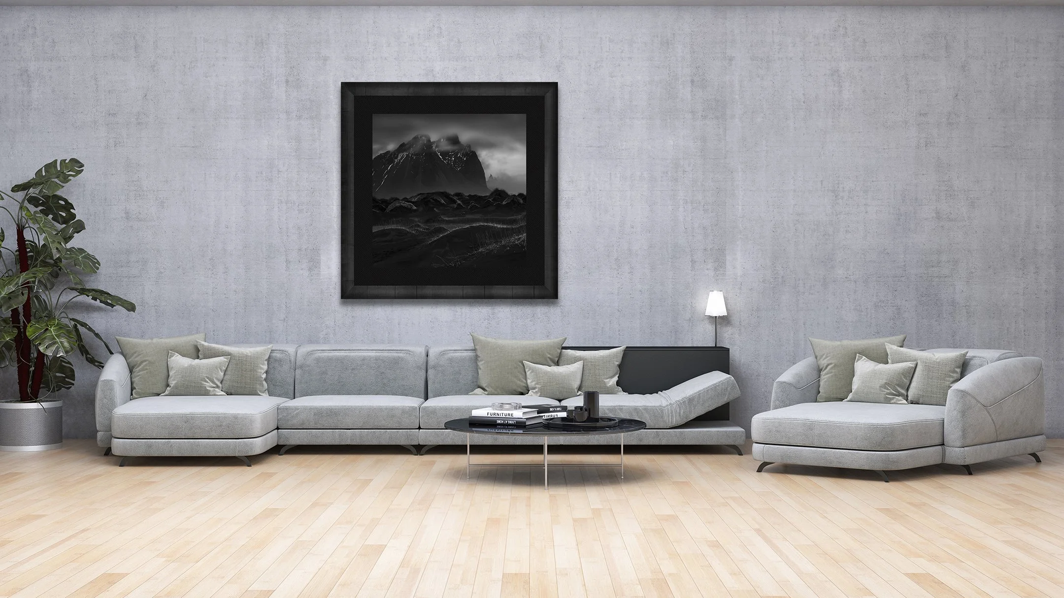 black and white photograph of hofn mountain in iceland with mist and sand dunes