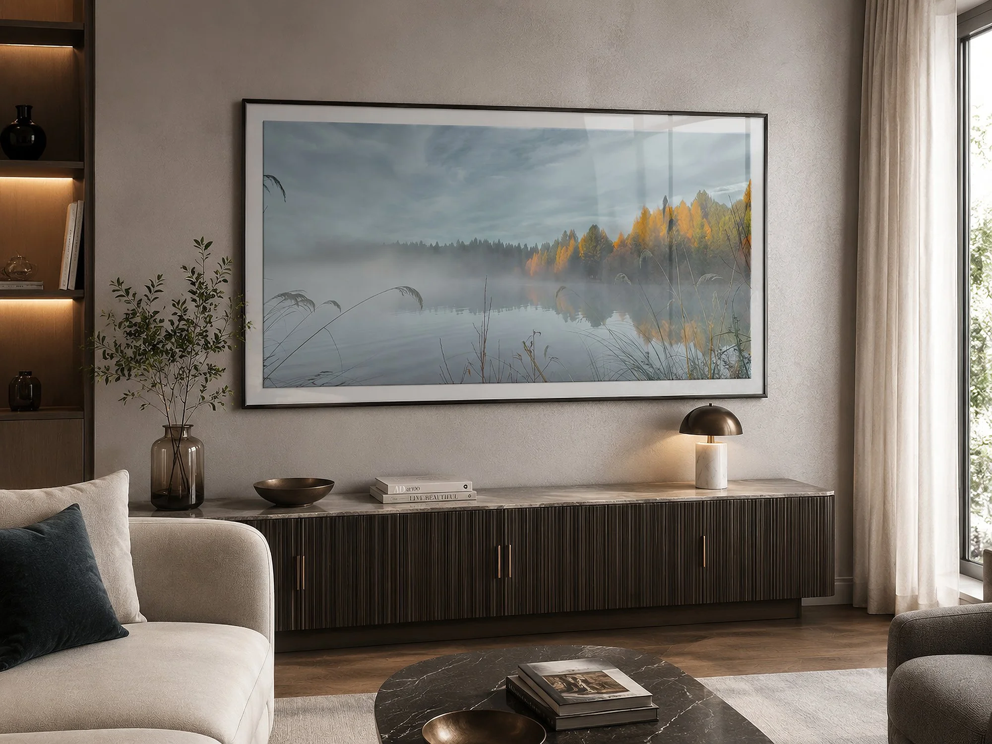 Modern living room with a framed misty autumn lake photograph featuring soft glass reflections above a dark timber console, by Nick Psomiadis at NIKART Studio and Gallery.
