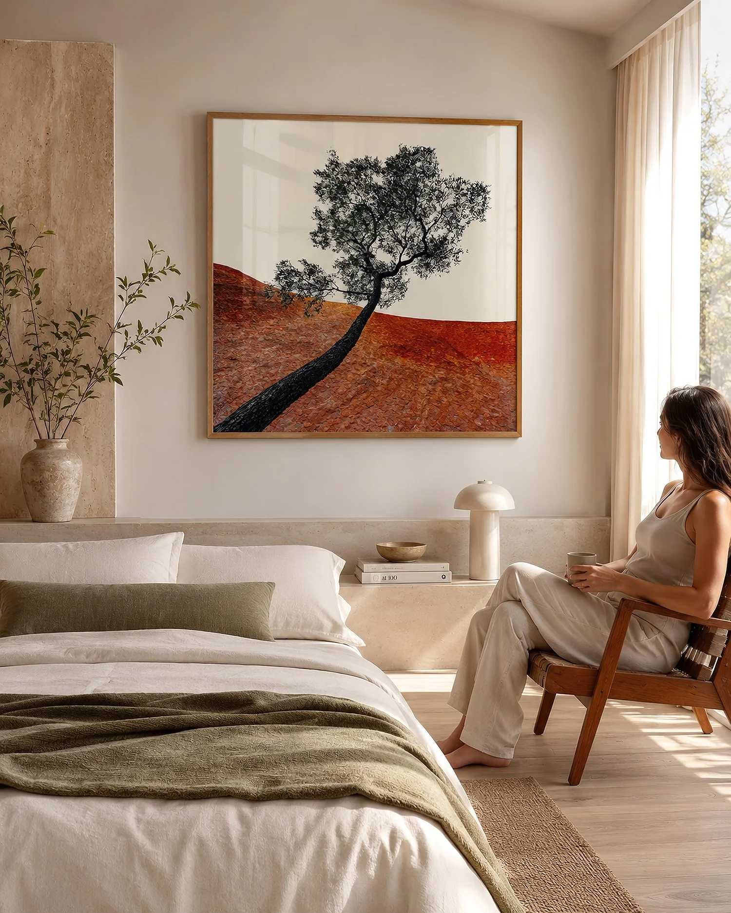Framed Uluru tree photograph with a dark leaning trunk, fine foliage and vivid red rock in a sunlit neutral bedroom with olive bedding and a seated woman, by Nick Psomiadis at NIKART Studio and Gallery
