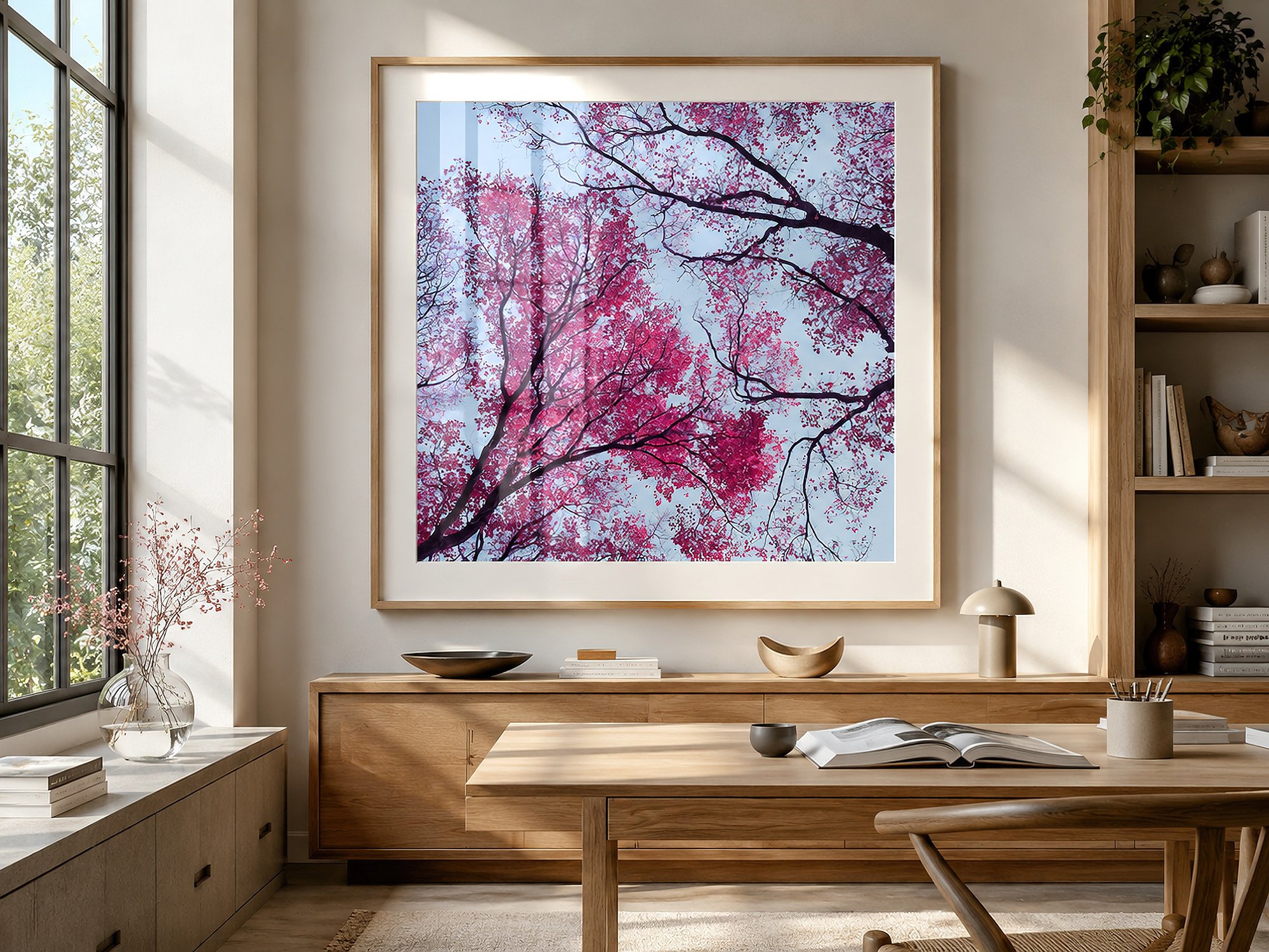 Framed square infrared tree canopy photograph with vivid pink foliage displayed in a bright timber office with built-in shelving and strong natural sunlight by Nick Psomiadis at NIKART Studio and Gallery