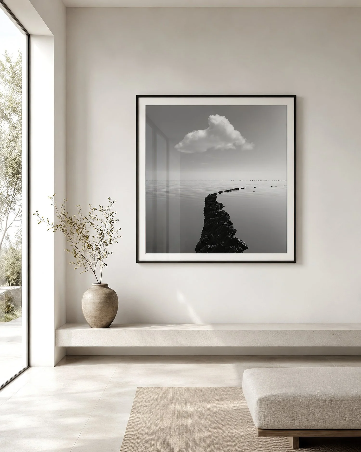 Square framed black-and-white photograph of a lone cloud above calm water, displayed behind reflective glass in an ultra-minimalist sunlit interior, by Nick Psomiadis at NIKART Studio and Gallery