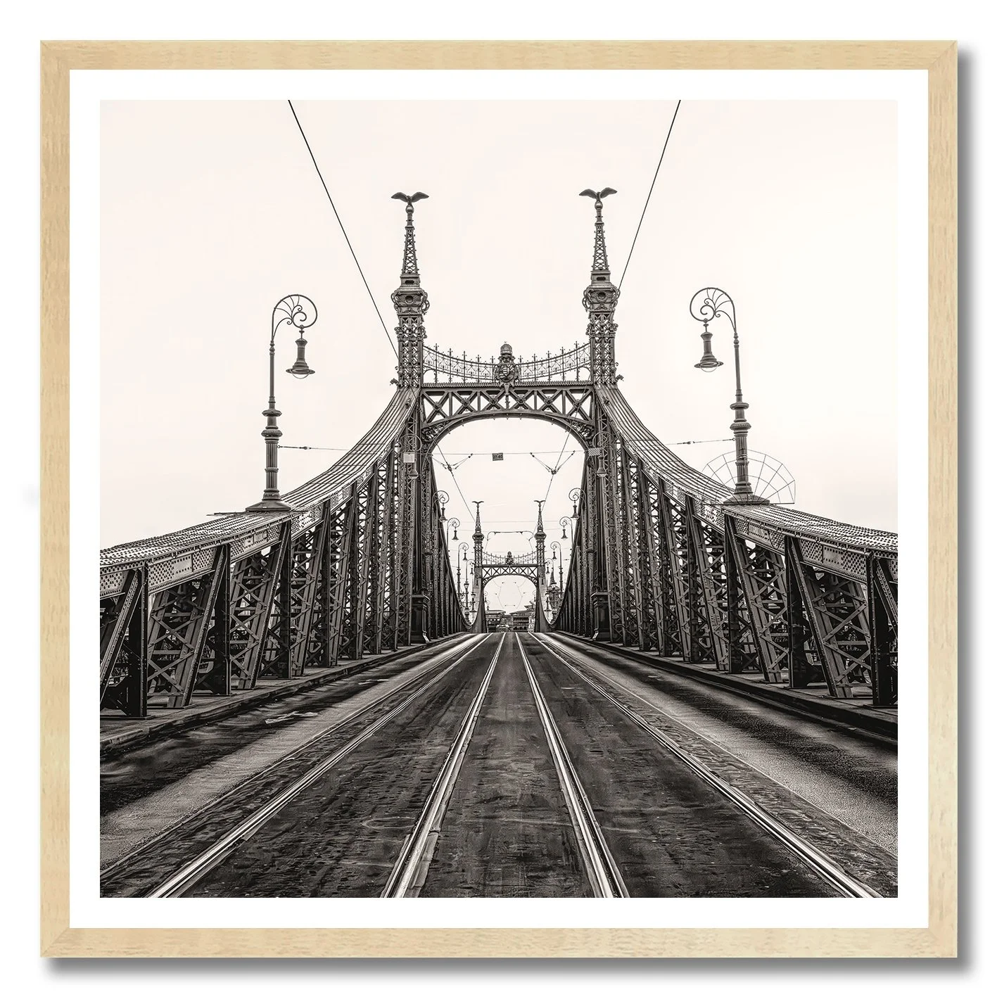 Black and white photograph of Liberty Bridge in Budapest with tramlines