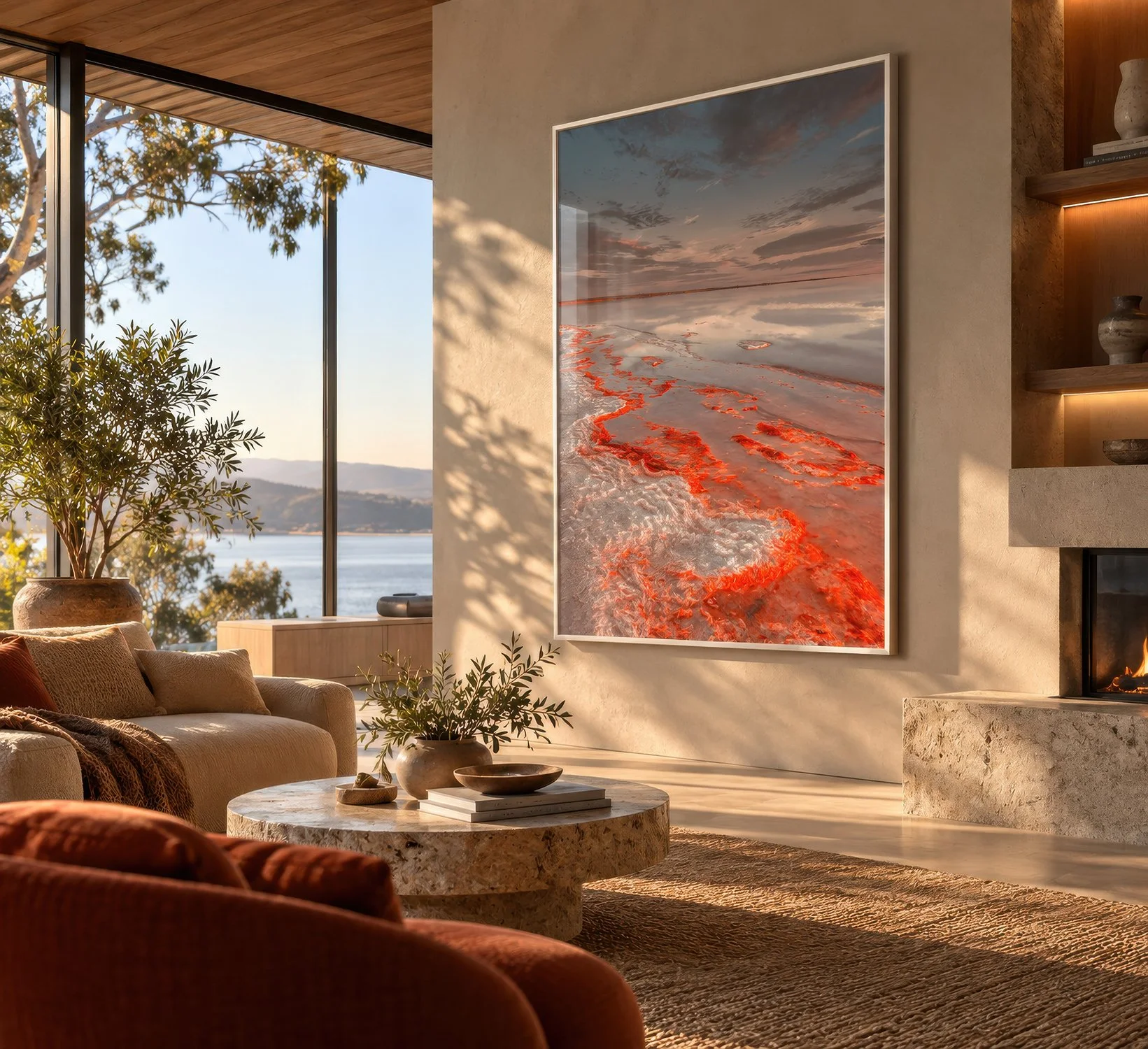 Framed Lake Tyrrell photograph showing orange salt formations and reflective water in a sunlit lounge with natural stone and timber by Nick Psomiadis at NIKART Studio and Gallery