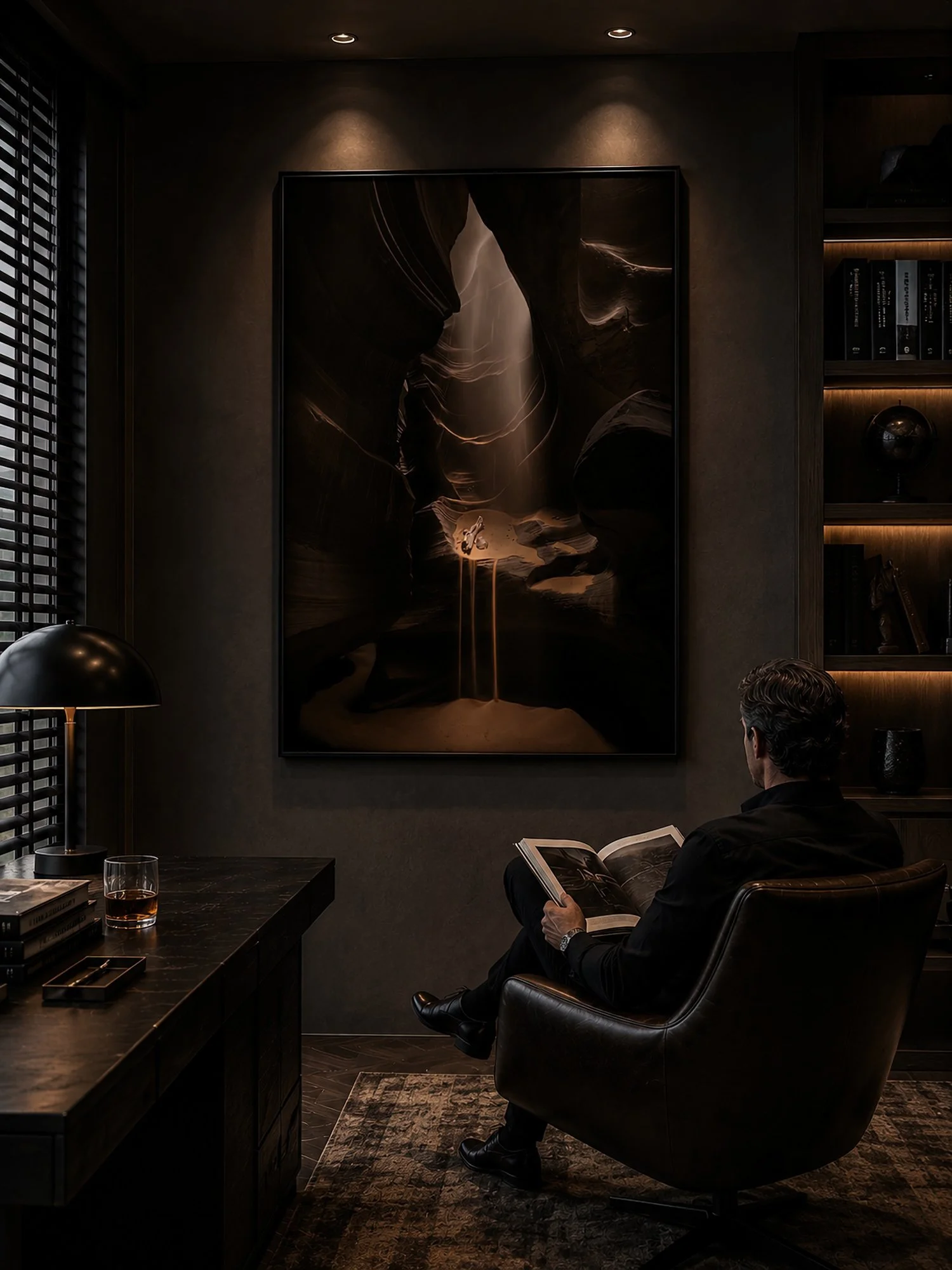 Moody masculine study with a seated man reading beneath a dark-framed Antelope Canyon sandfall photograph illuminated by warm downlights by Nick Psomiadis at NIKART Studio and Gallery
