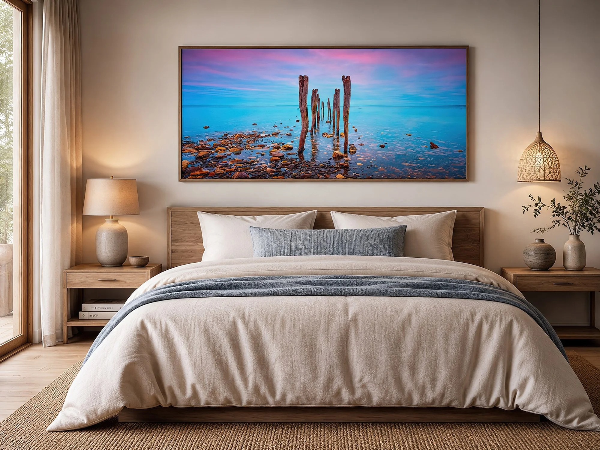 Framed coastal photograph of weathered jetty posts in calm blue water beneath a pink and blue sky, displayed above a timber bed in a warm contemporary bedroom with soft neutral bedding and natural decor by Nick Psomiadis at NIKART Studio and Gallery