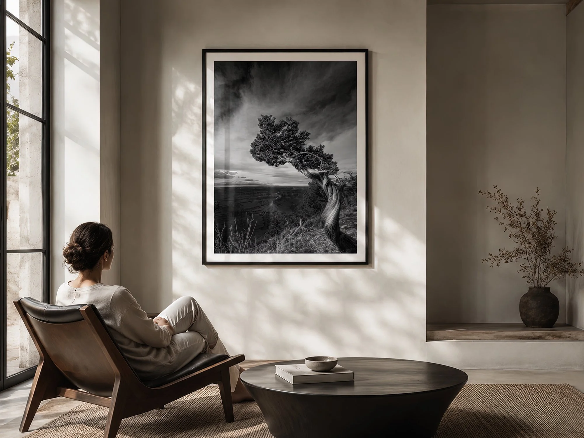 Bright minimalist living room with a seated woman beside a black-framed Grand Canyon tree photograph with natural glass reflections by Nick Psomiadis at NIKART Studio and Gallery