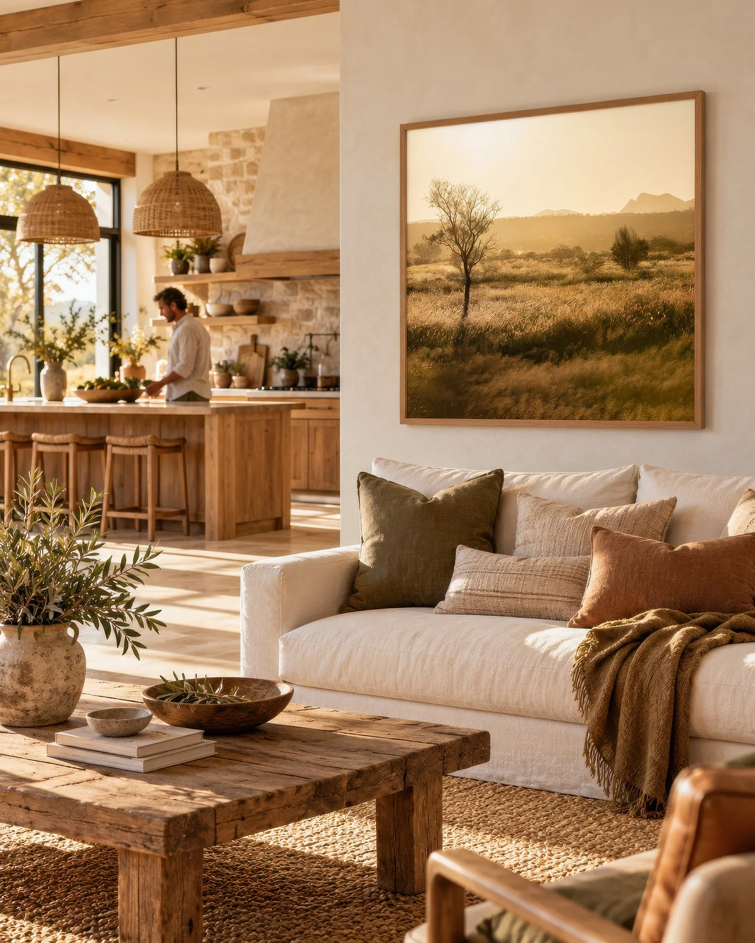 Framed photograph of golden Australian grasslands and a lone tree above a cream sofa in a rustic living room, by Nick Psomiadis at NIKART Studio and Gallery
