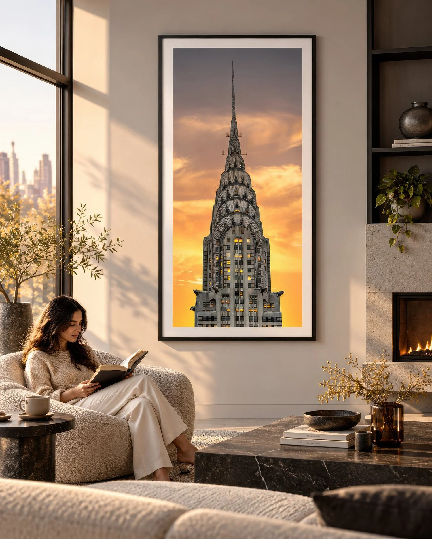 Deco Sunset photograph of New York's Chrysler Building against a golden sky, framed in black above a lounge with a woman reading, by Nick Psomiadis at NIKART Studio and Gallery.