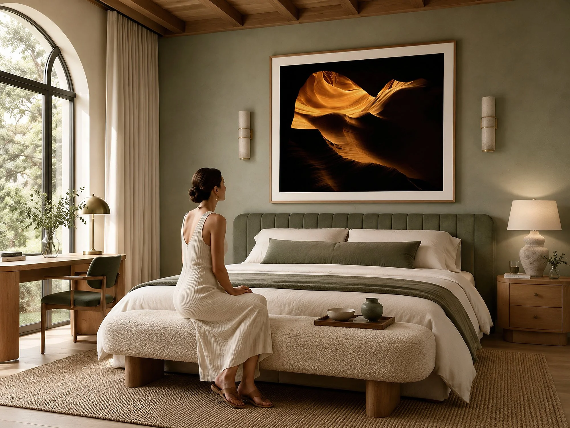 Framed Antelope Canyon photograph displayed in a serene sage-green bedroom with a seated woman.