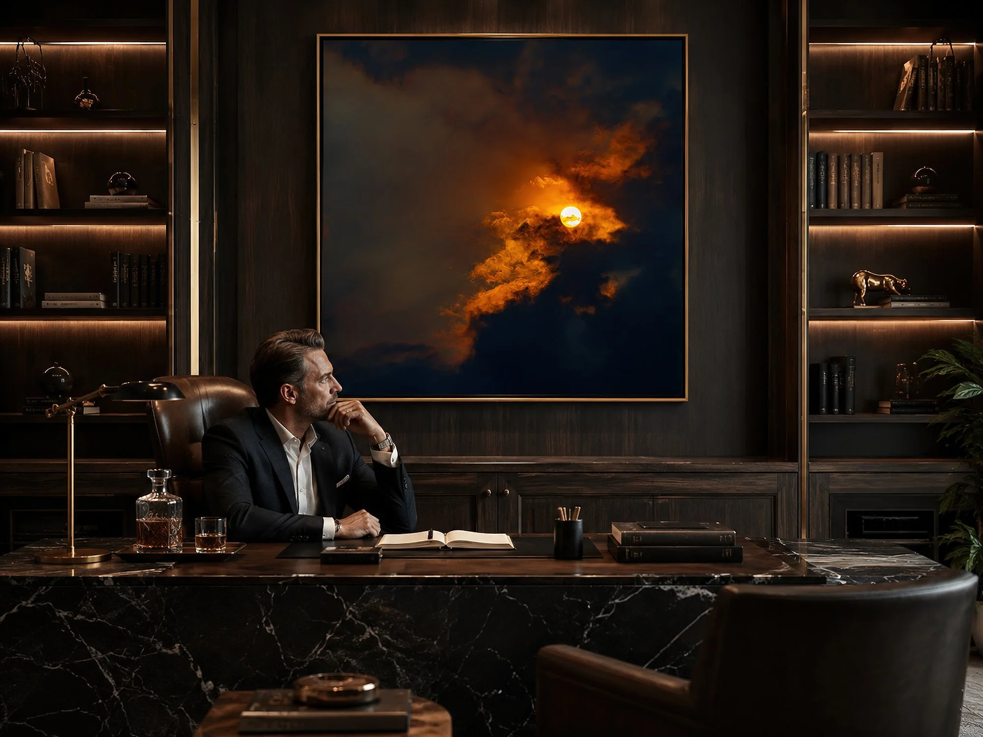 Man seated behind a marble desk in a luxurious masculine office with a framed dramatic sun and clouds photograph by Nick Psomiadis at NIKART Studio and Gallery