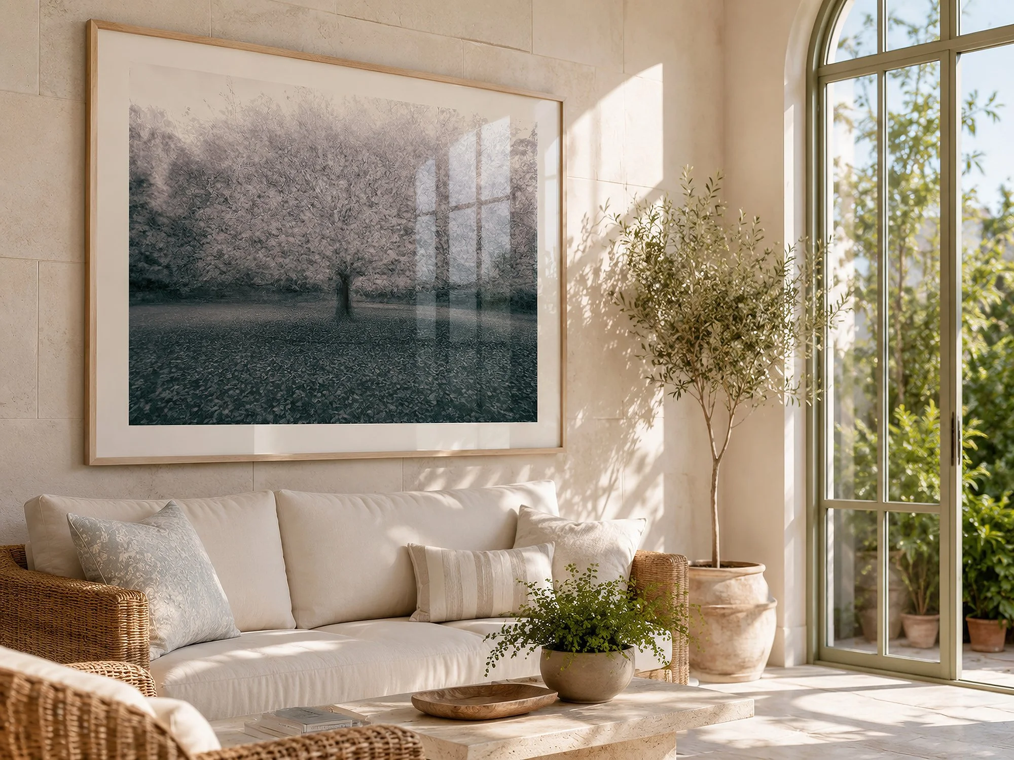 Framed monochrome multiple-exposure tree photograph in a bright sunlit living room with natural stone walls, wicker seating and garden views by Nick Psomiadis at NIKART Studio and Gallery