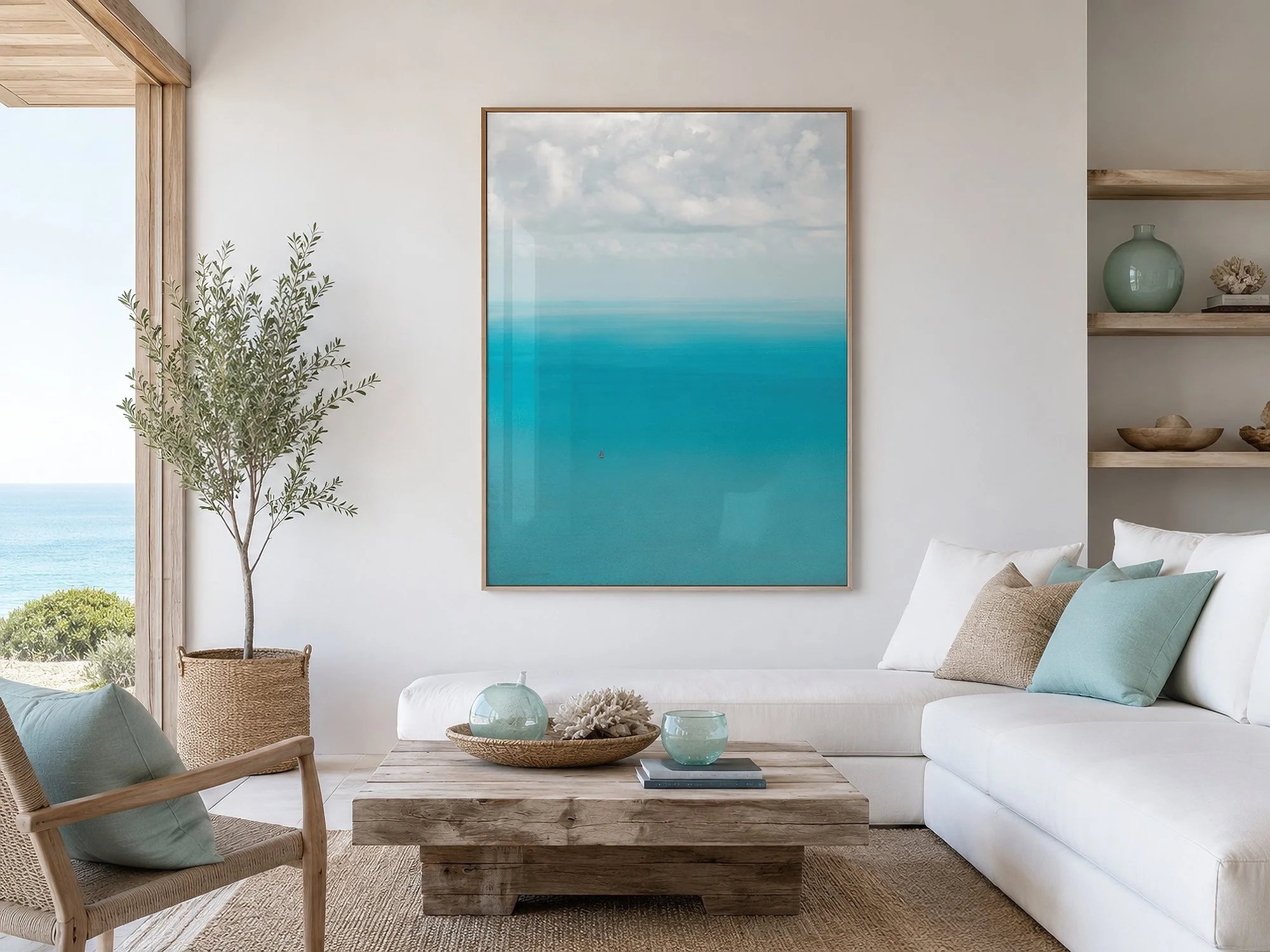 Bright coastal minimalist living room with a tall framed aqua seascape photograph of a lone sailboat beneath soft clouds, styled with white seating, pale timber, woven textures and turquoise accents, by Nick Psomiadis at NIKART Studio and Gallery