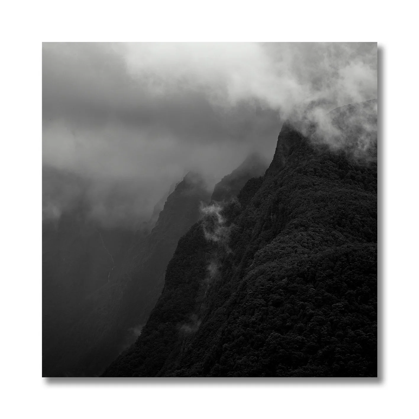 black and white photograph of misty mountain landscape