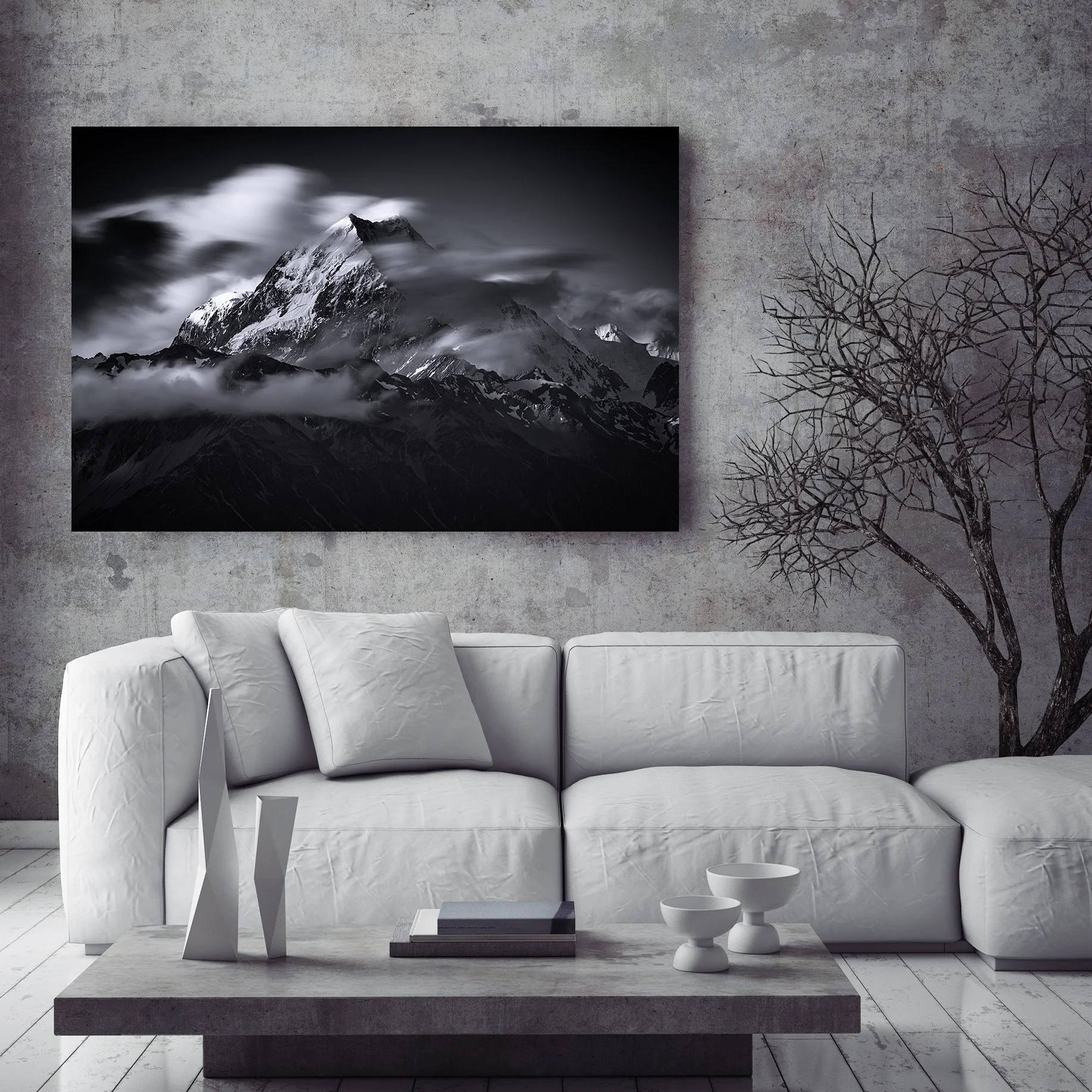 Black and white photograph of a dramatic snow-covered mountain peak in New Zealand’s Southern Alps