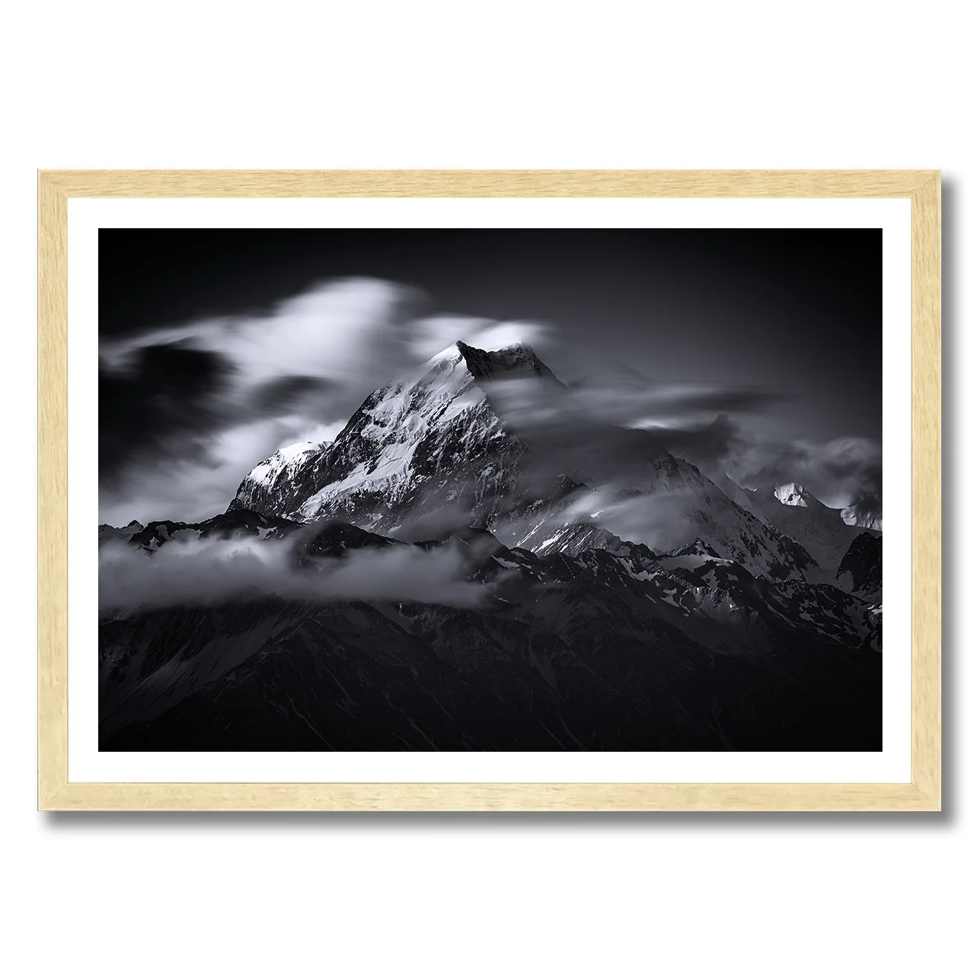 Black and white mountain photograph of Aoraki Mount Cook in the Southern Alps