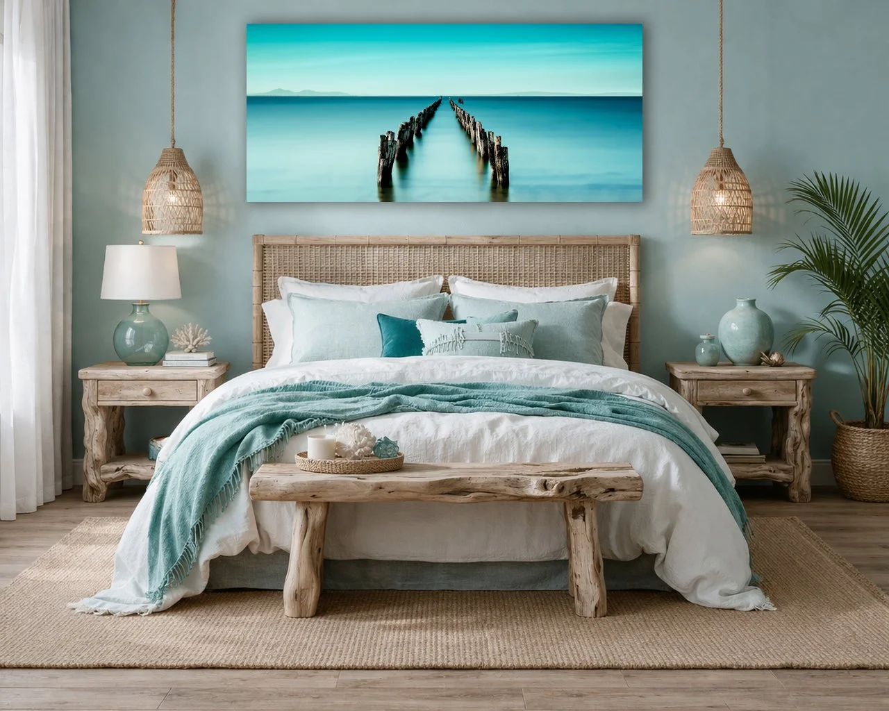 A minimalist coastal photograph of a wooden pier extending into calm turquoise water, ideal for modern interiors.
