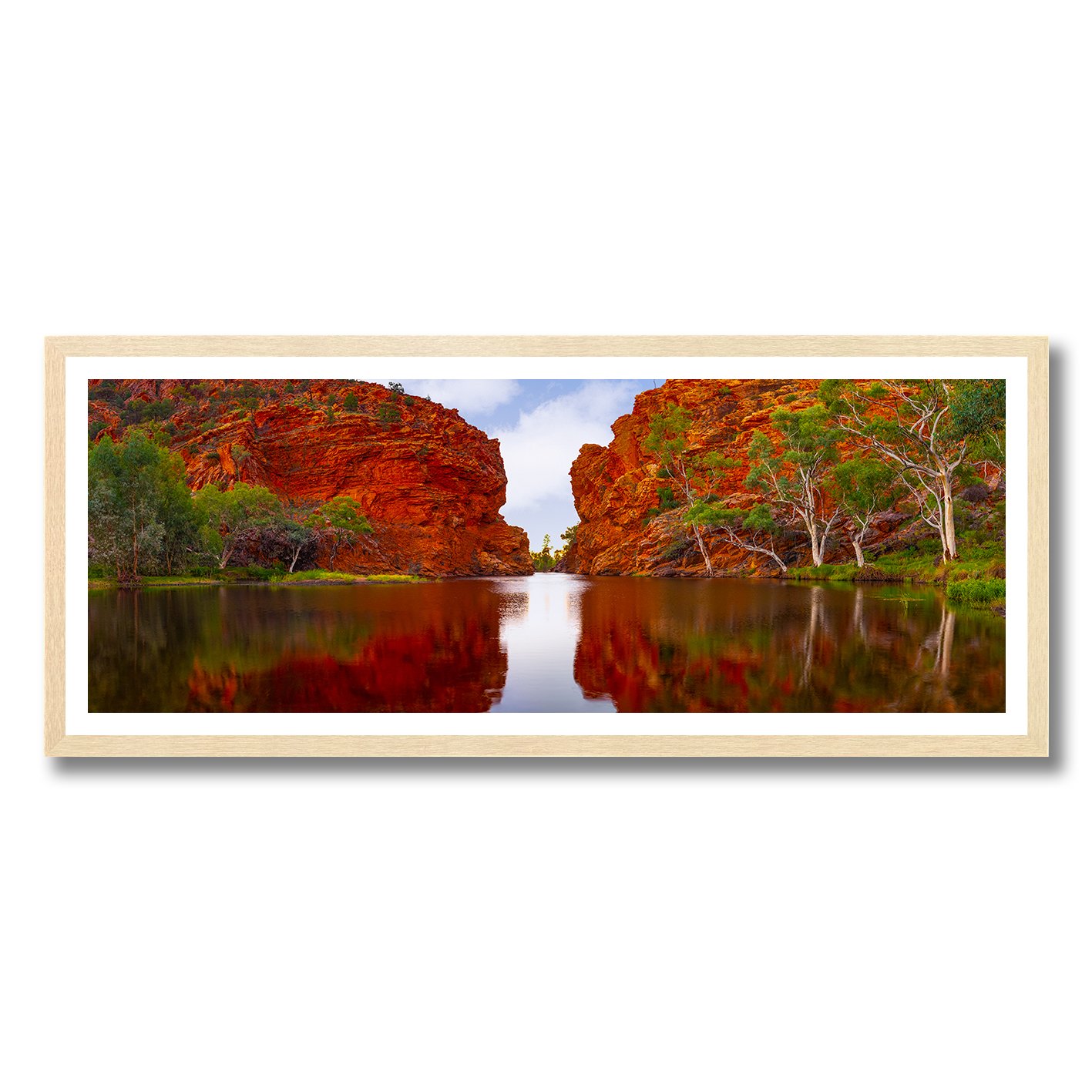 fine art photograph of ellery creek big hole nt with red cliffs and still reflections