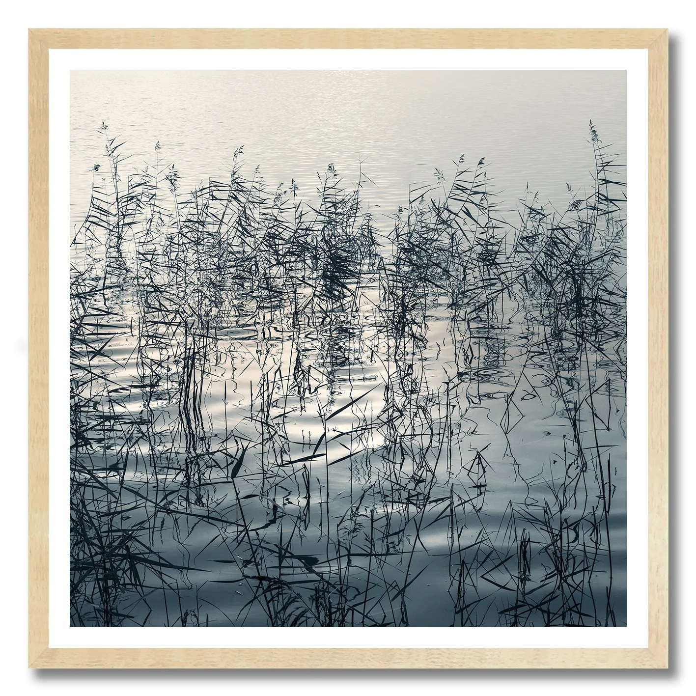 Fine art photograph of reeds and reflections creating abstract patterns on still water