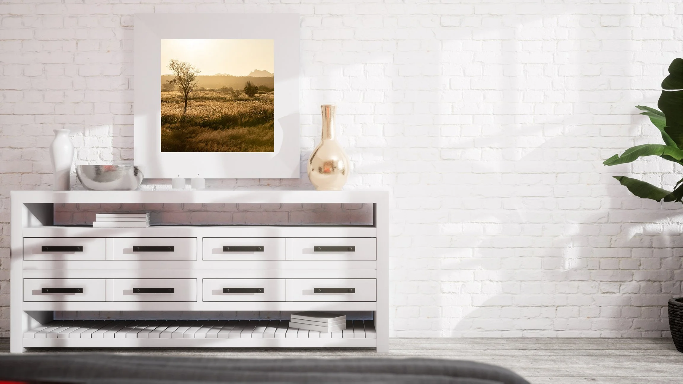 Golden photograph of Australian outback grass plains with two trees and distant hills