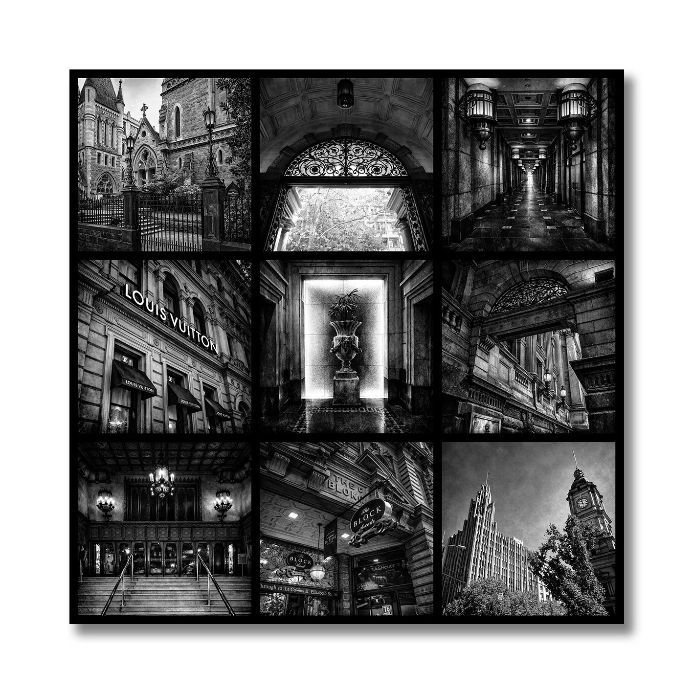 black and white photography collage of collins street melbourne architecture