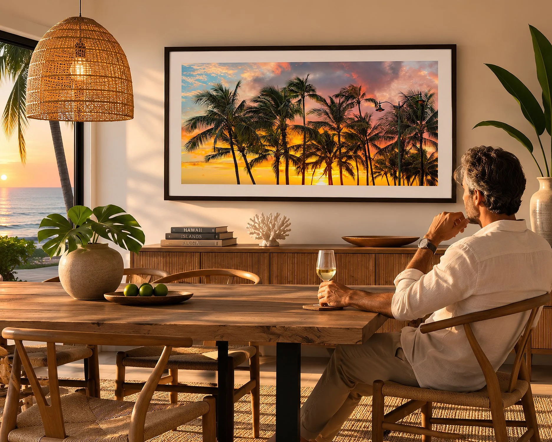 Framed Hawaiian sunset photograph displayed in a warm coastal dining room with a seated man overlooking the ocean.